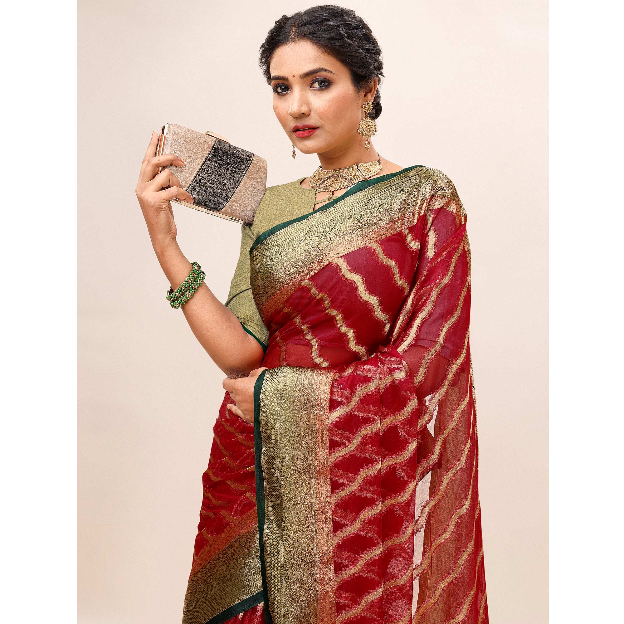 Maroon Woven Organza Saree With Tassels