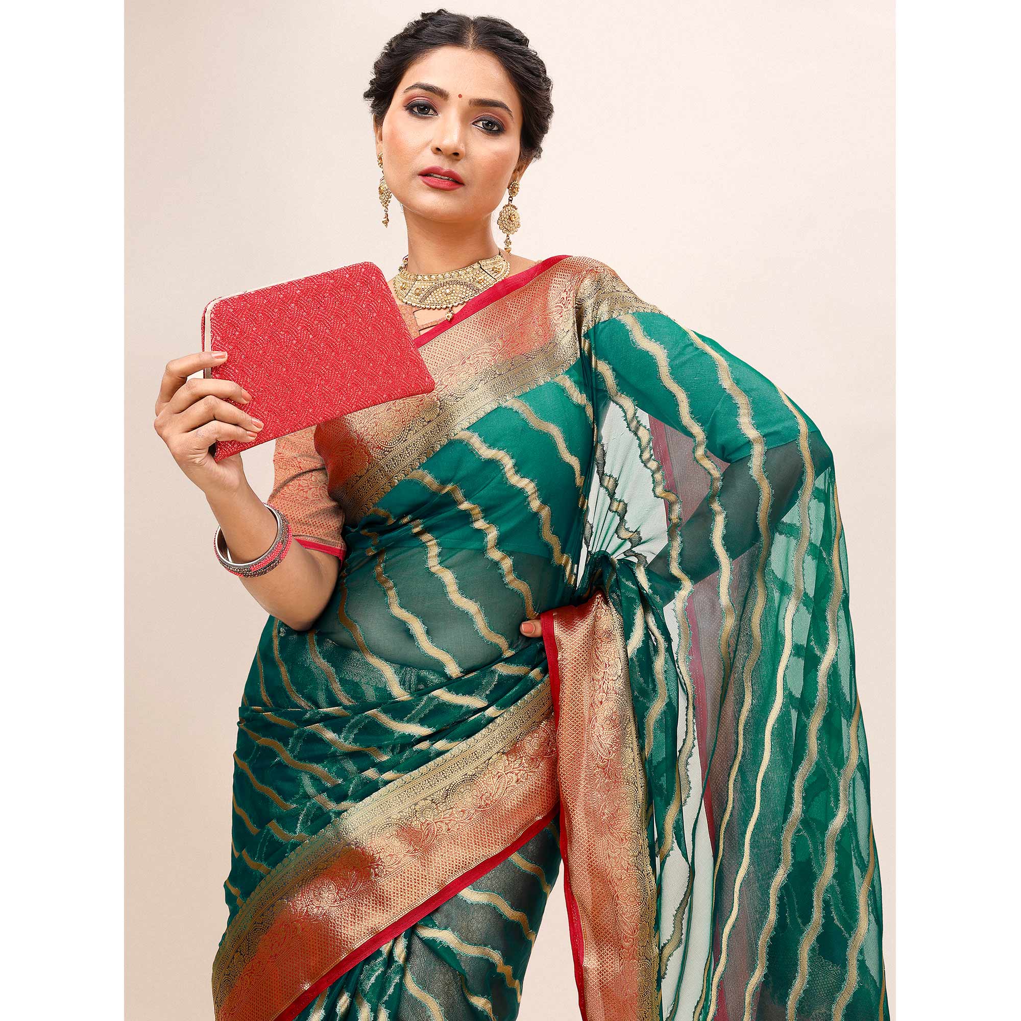 Teal Green Woven Organza Saree With Tassels