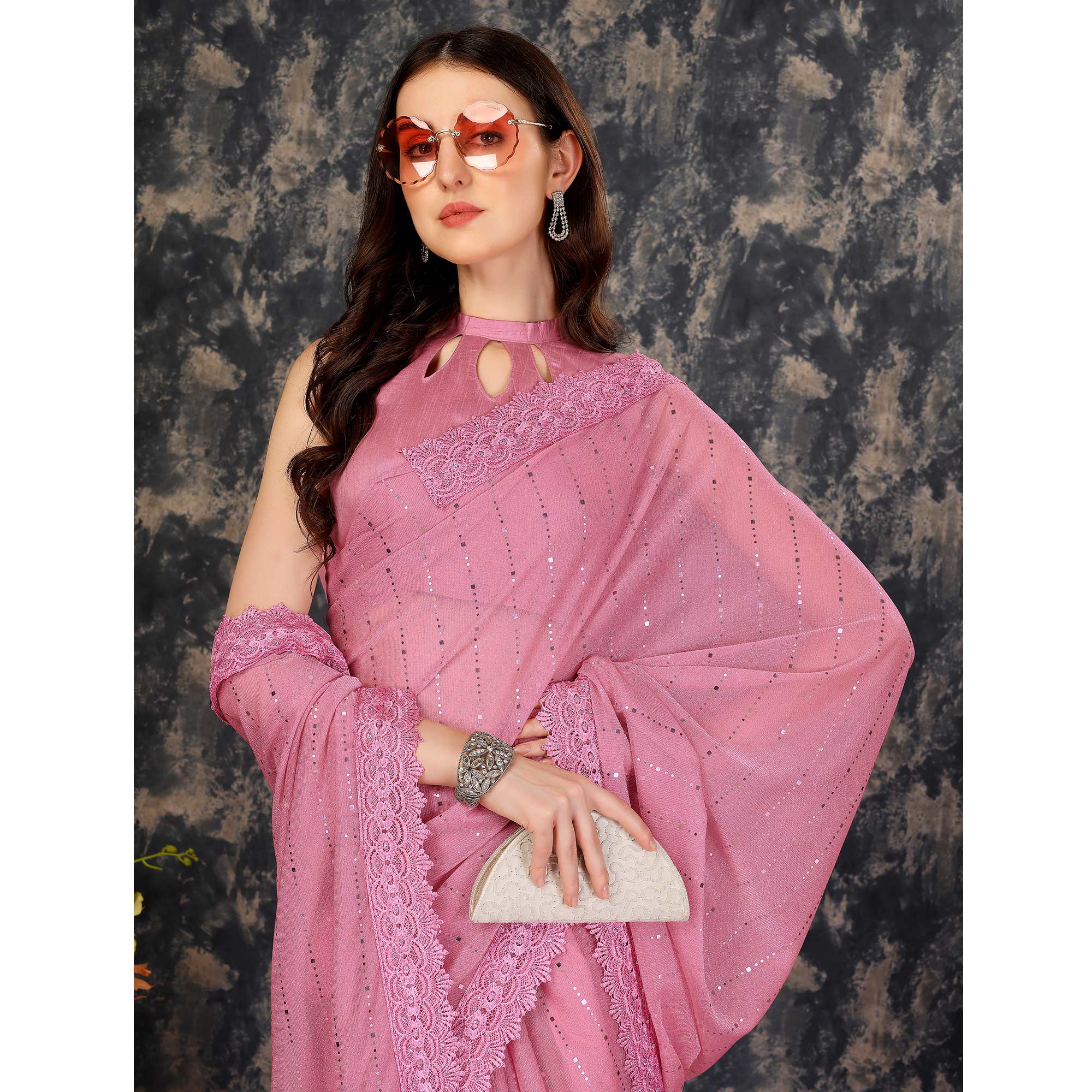 Pink Tikali With Floral Embroidered Lycra Saree