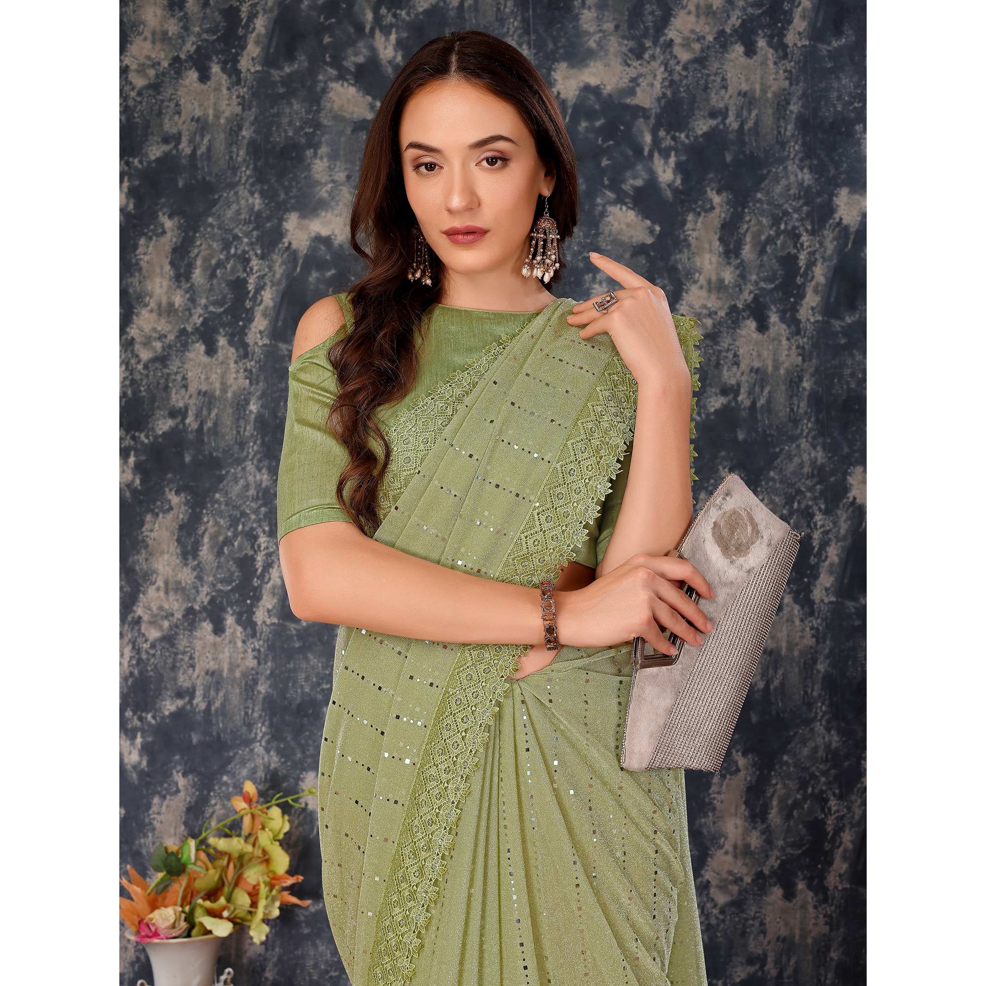 Green Tikali With Floral Embroidered Lycra Saree