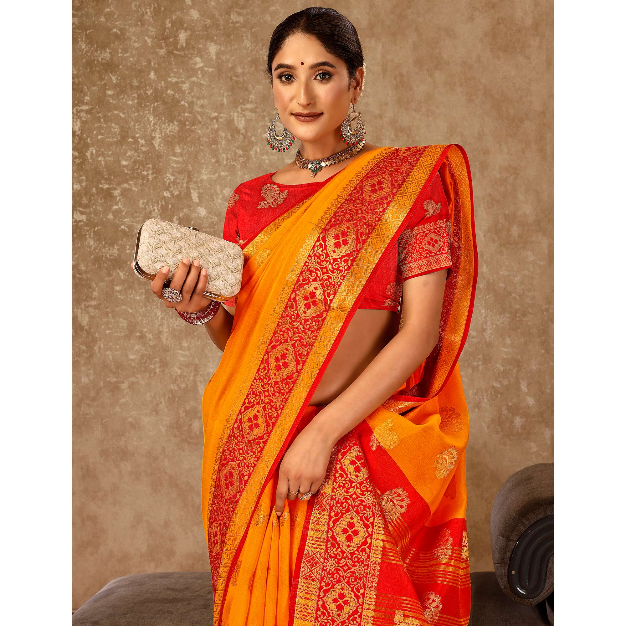 Mustard Floral Zari Woven Cotton Silk Saree