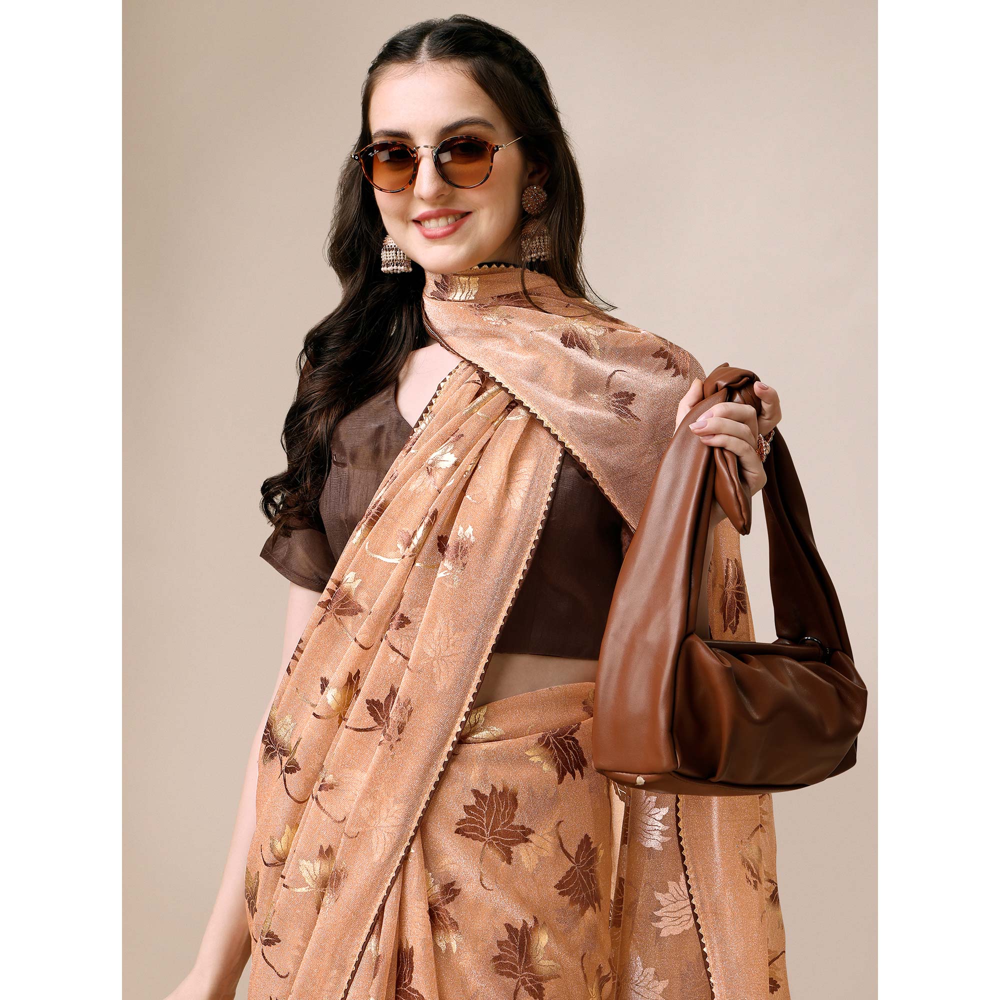 Peach Floral Foil Printed Rayon Saree