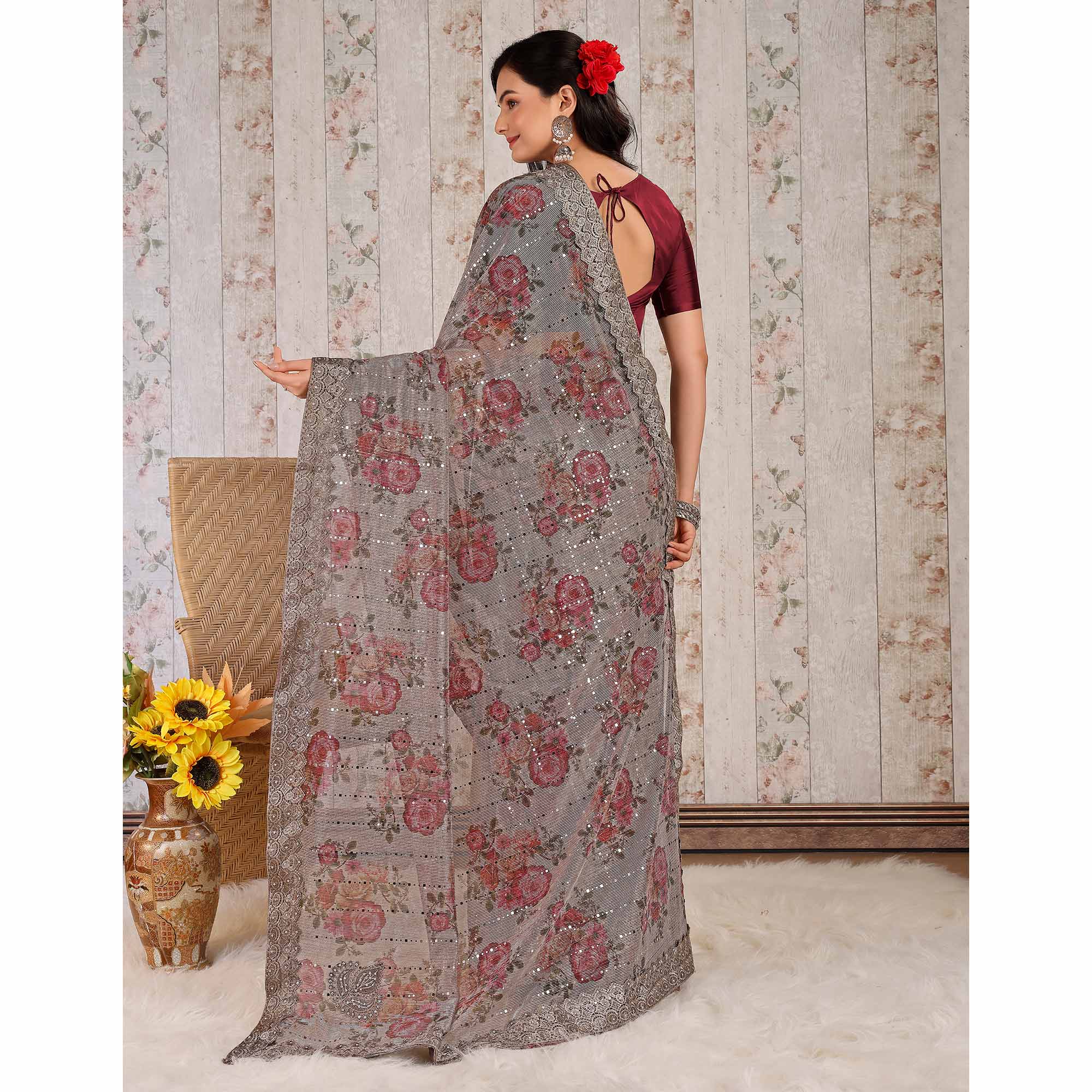 Grey Floral Digital Printed Lycra Saree With Embroidered Border
