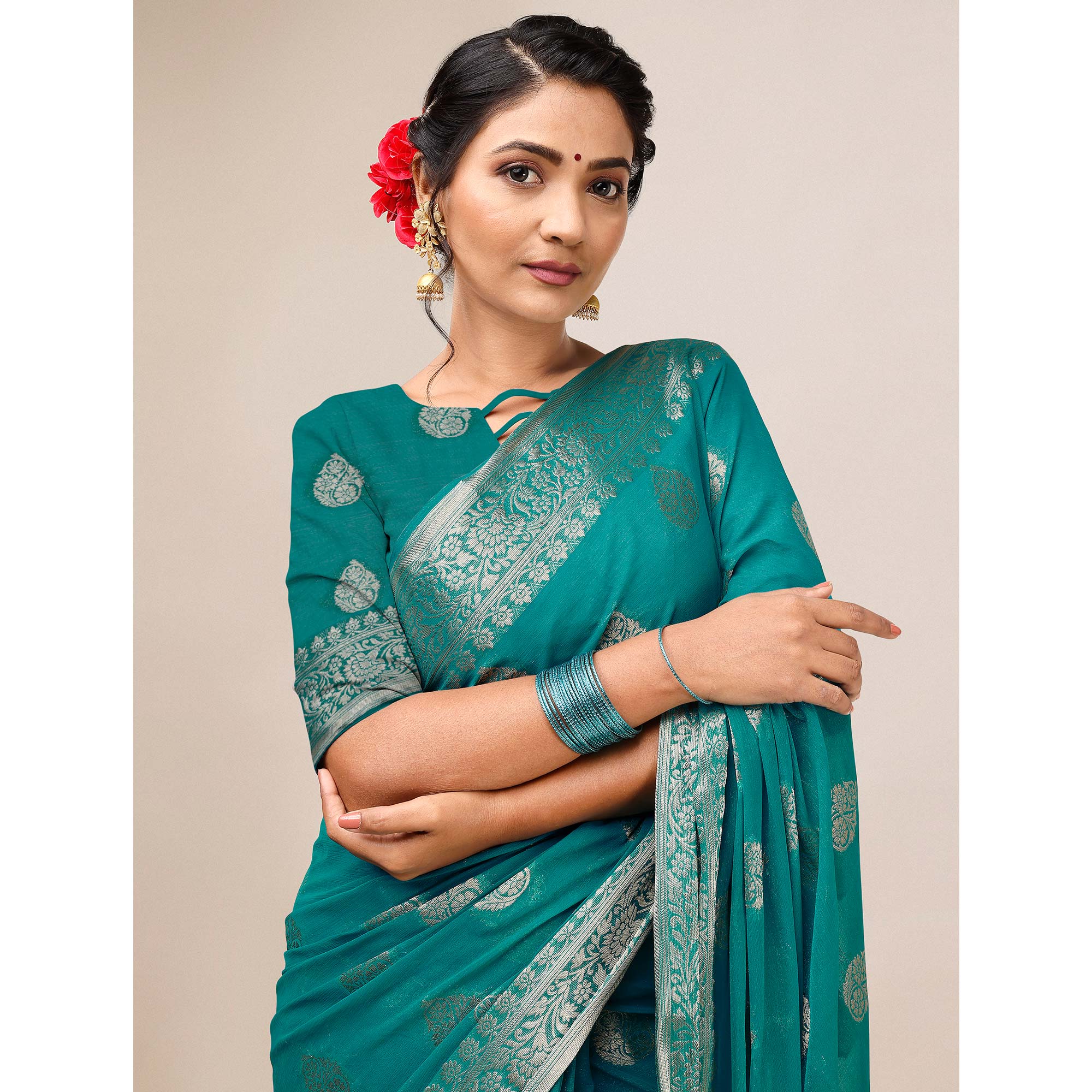 Turquoise Blue Woven Chiffon Saree With Tassels