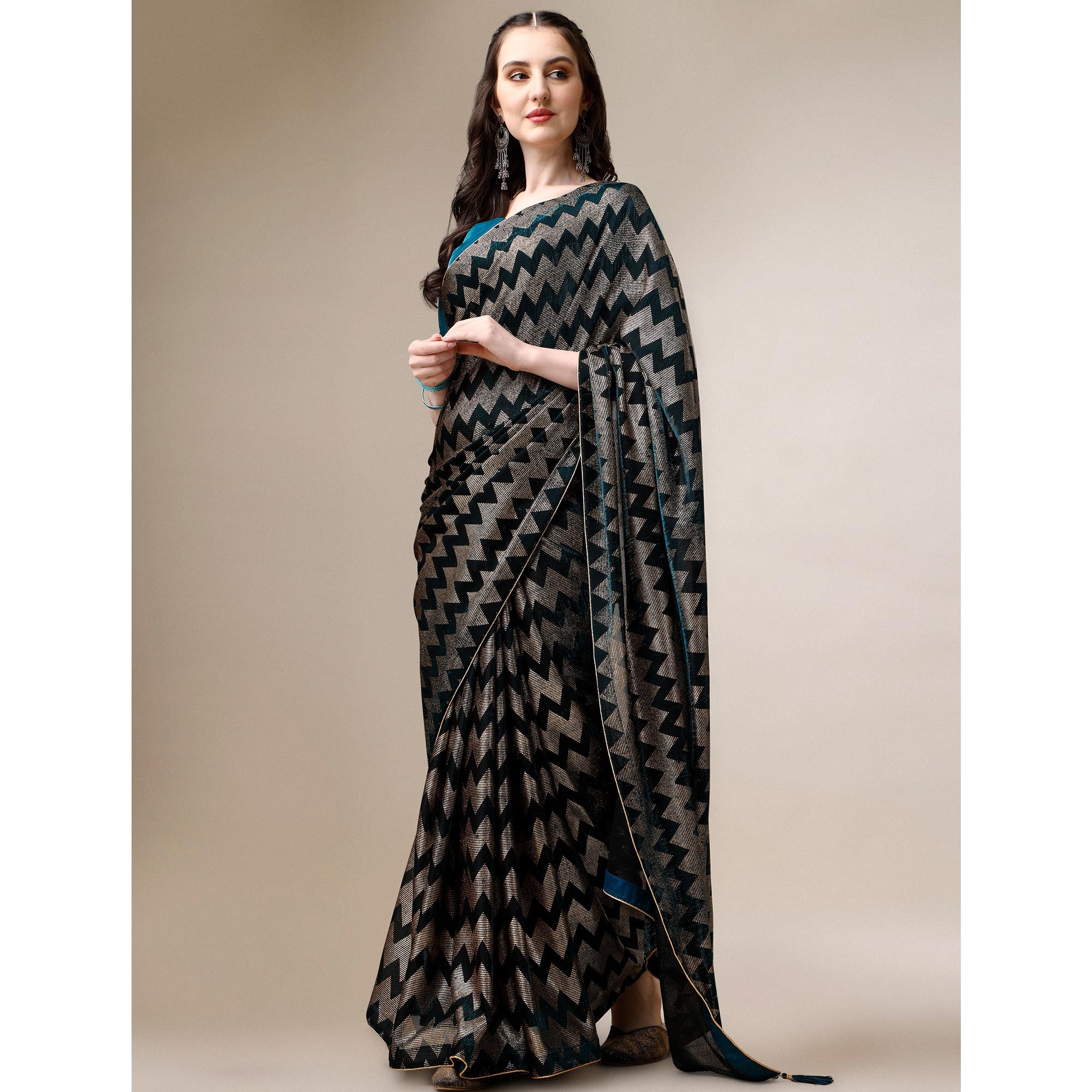 Teal Blue Digital Foil Printed Rayon Saree