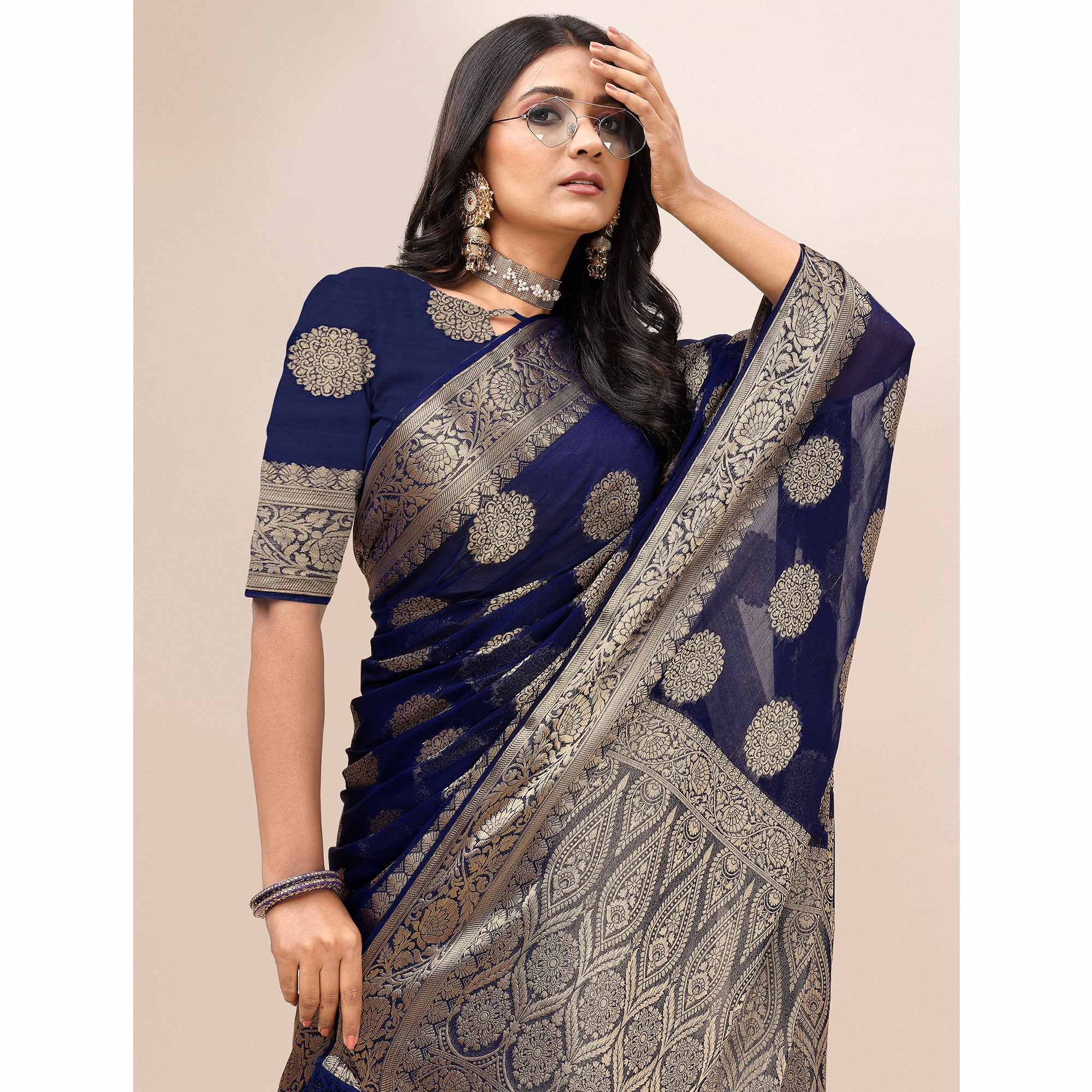 Navy Blue Woven Chiffon Saree With Tassels