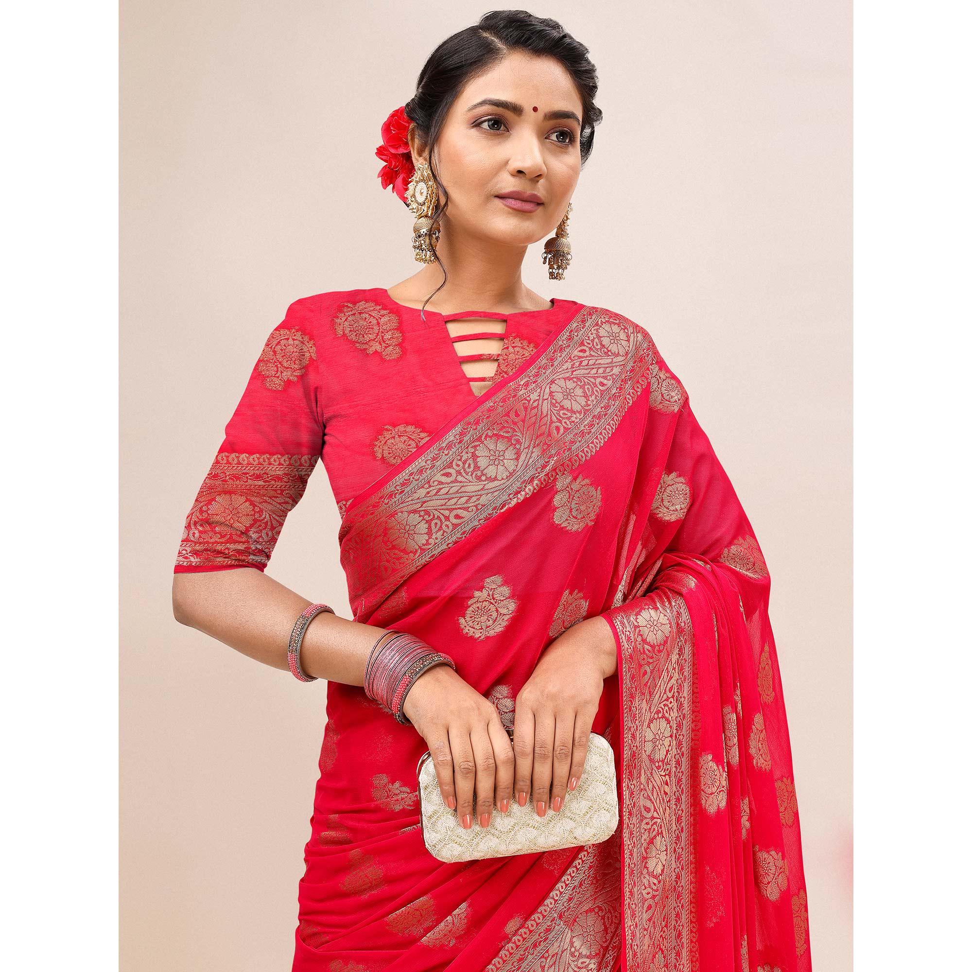 Pink Woven Chiffon Saree With Tassels