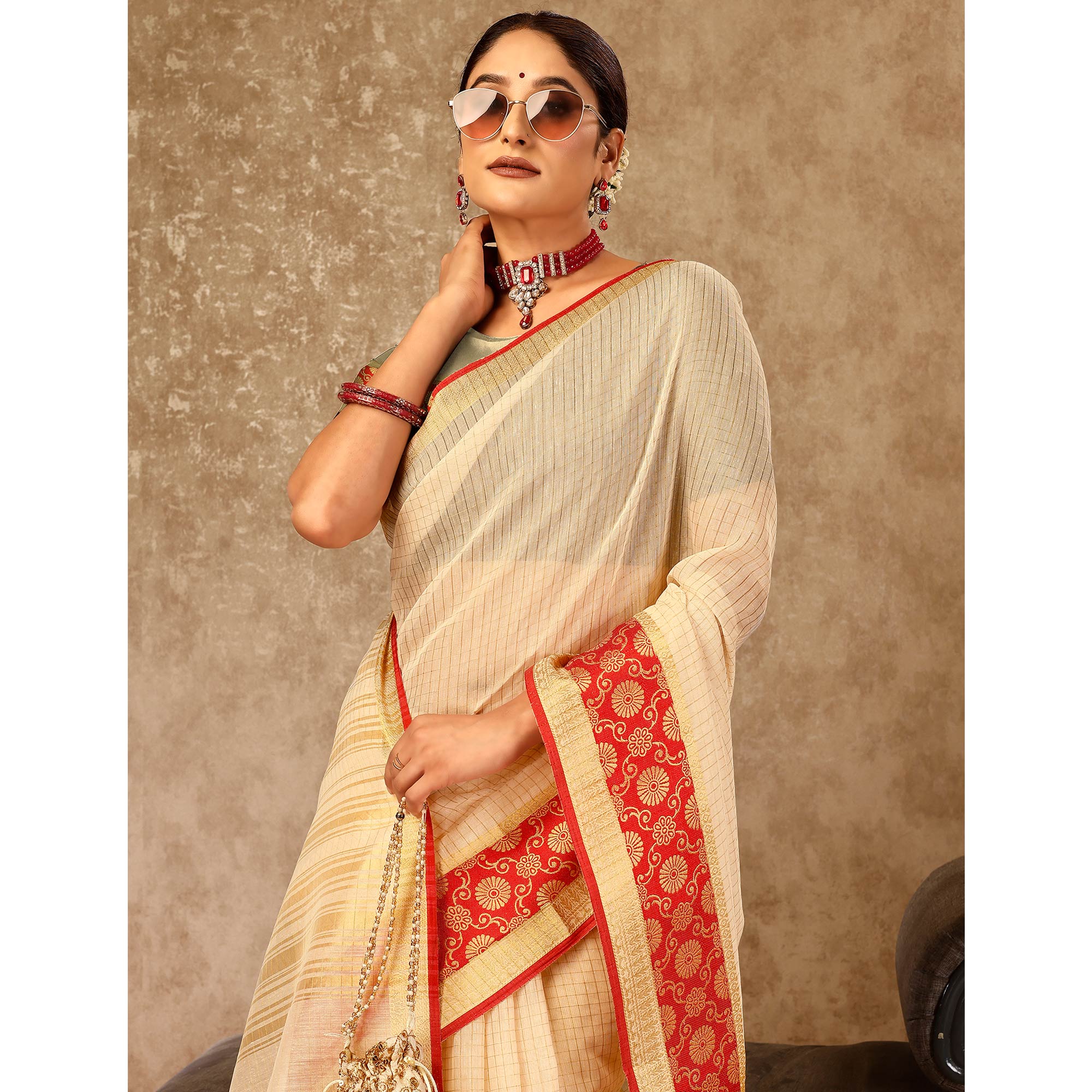 Beige Zari Woven Cotton Silk Saree