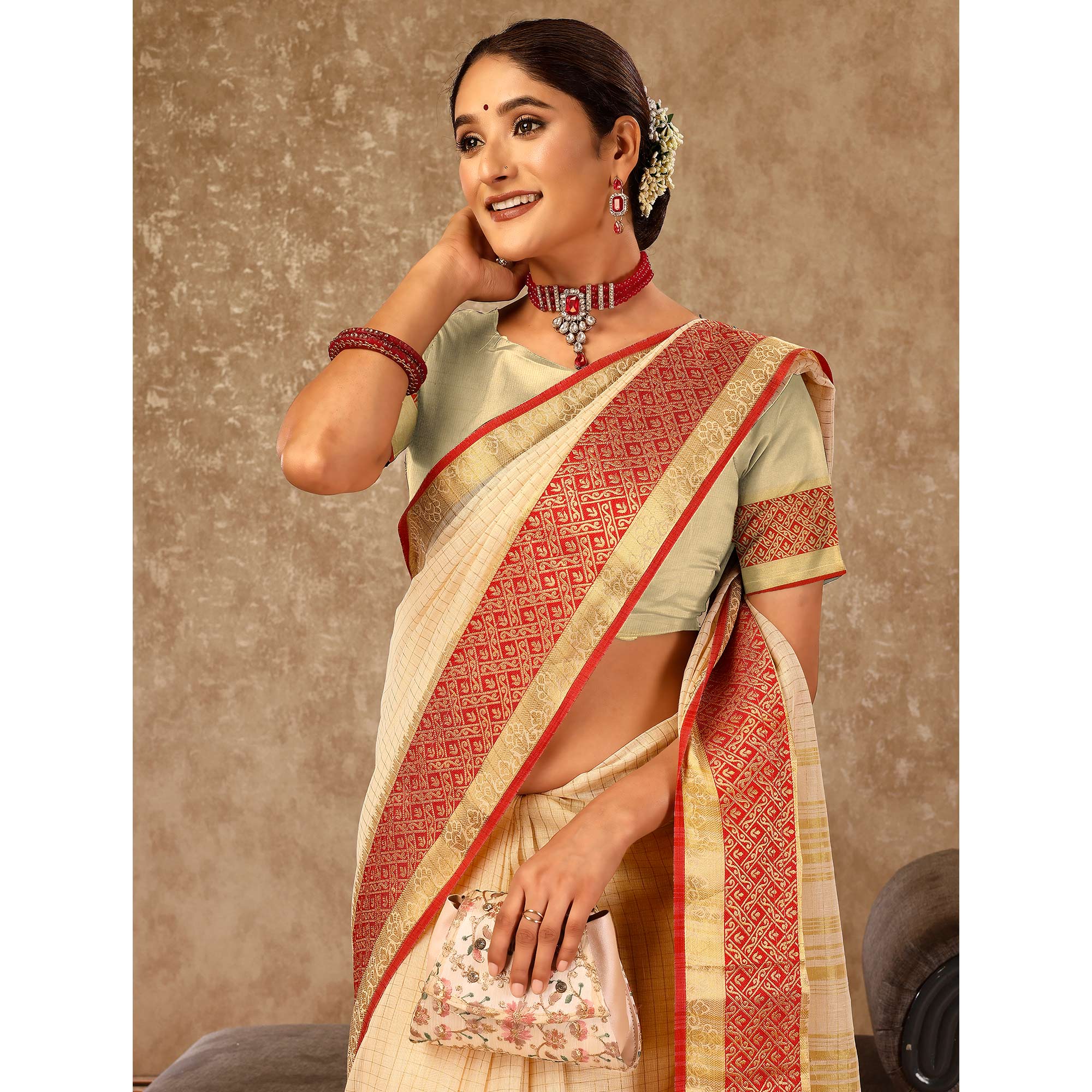 Beige Zari Woven Cotton Silk Saree