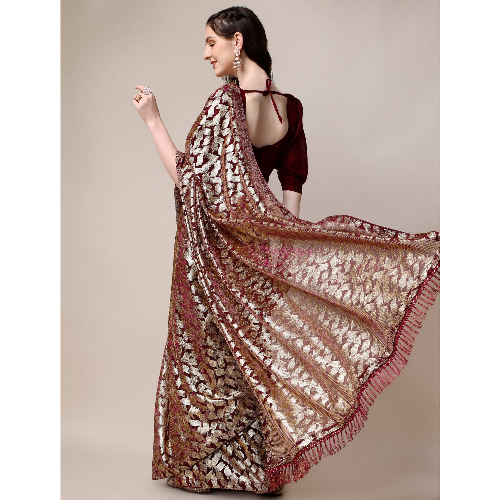 Wine & Gold Foil Printed Rayon Saree