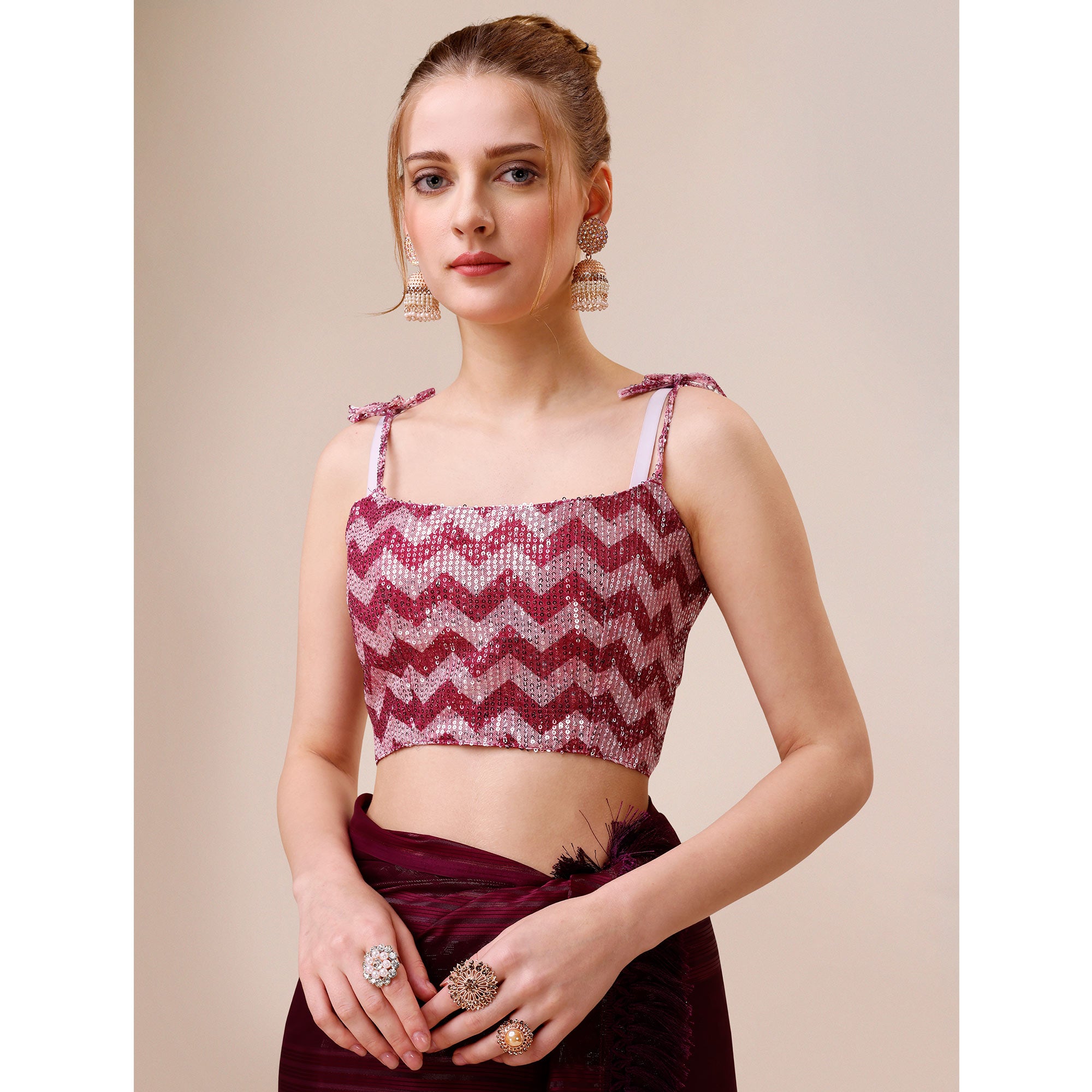 Wine Striped Woven Chiffon Saree