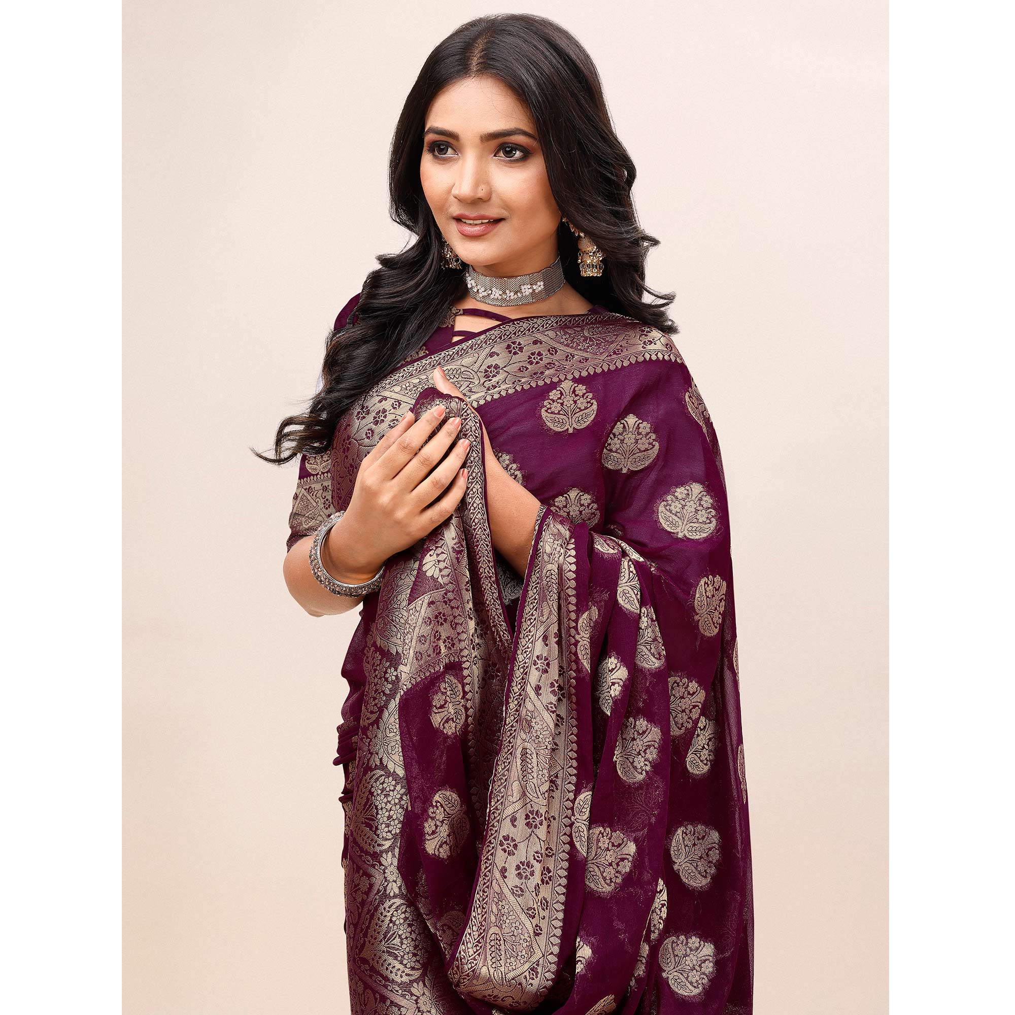 Wine Woven Chiffon Saree With Tassels