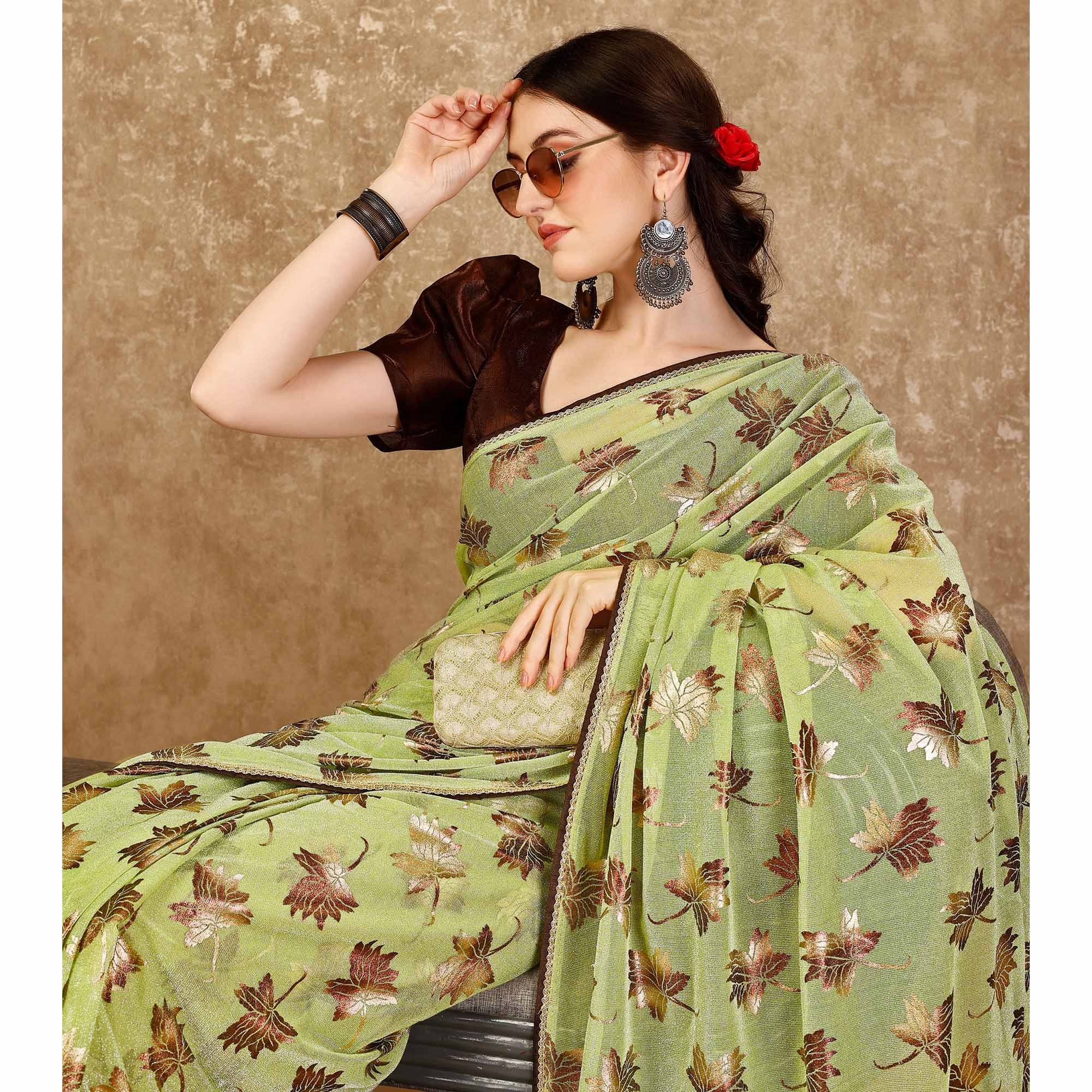 Green Foil Printed Lycra Ready To Wear Saree