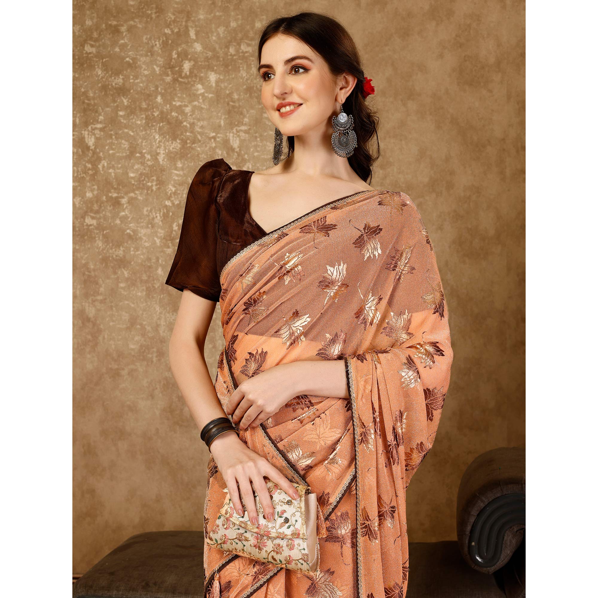 Peach Foil Printed Lycra Ready To Wear Saree