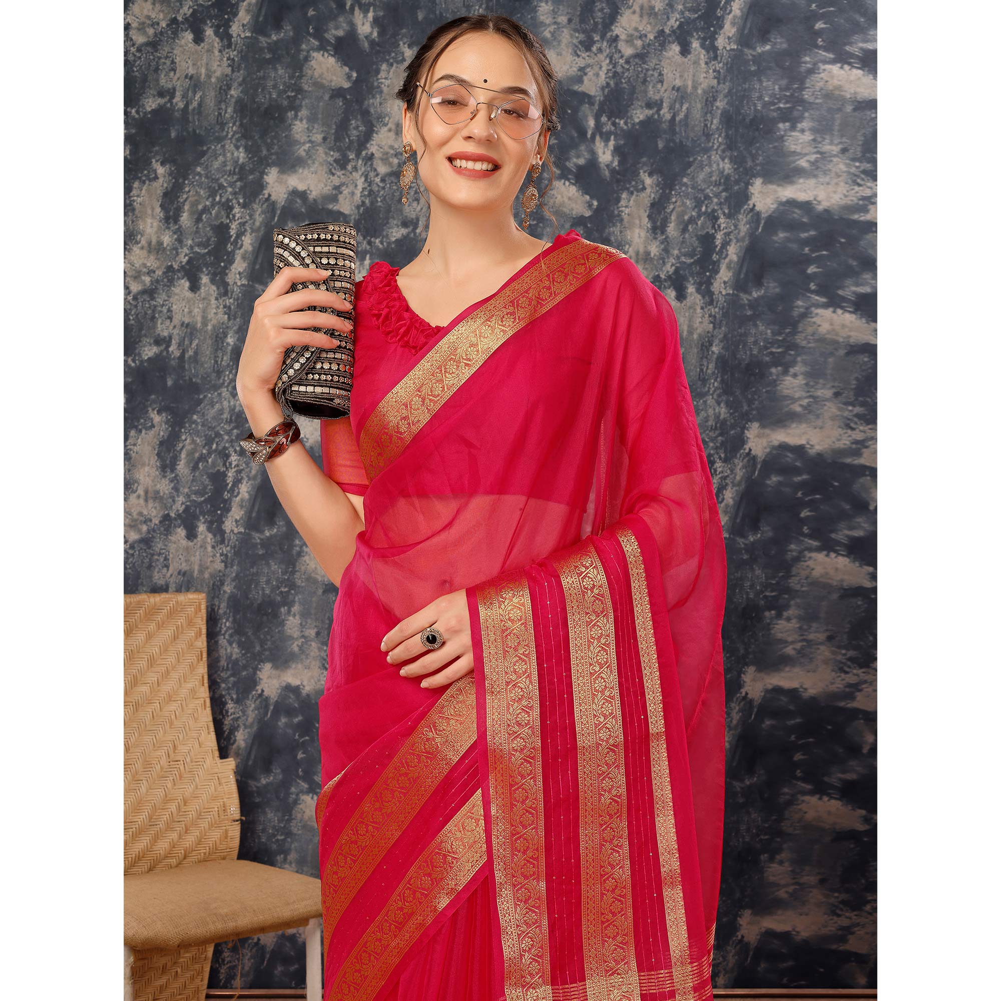 Pink Floral Zari Woven Organza Saree