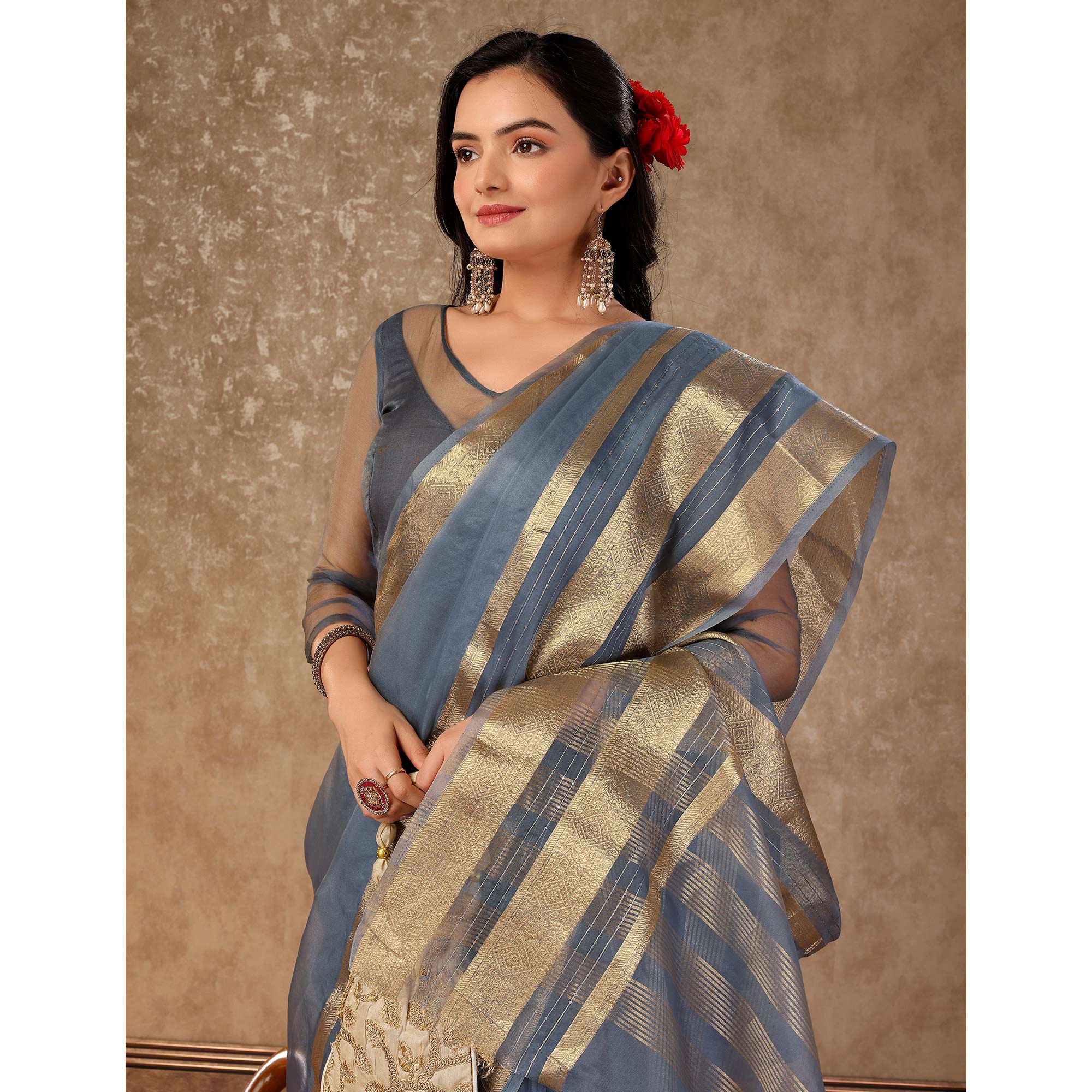 Grey Floral Zari Woven Organza Saree