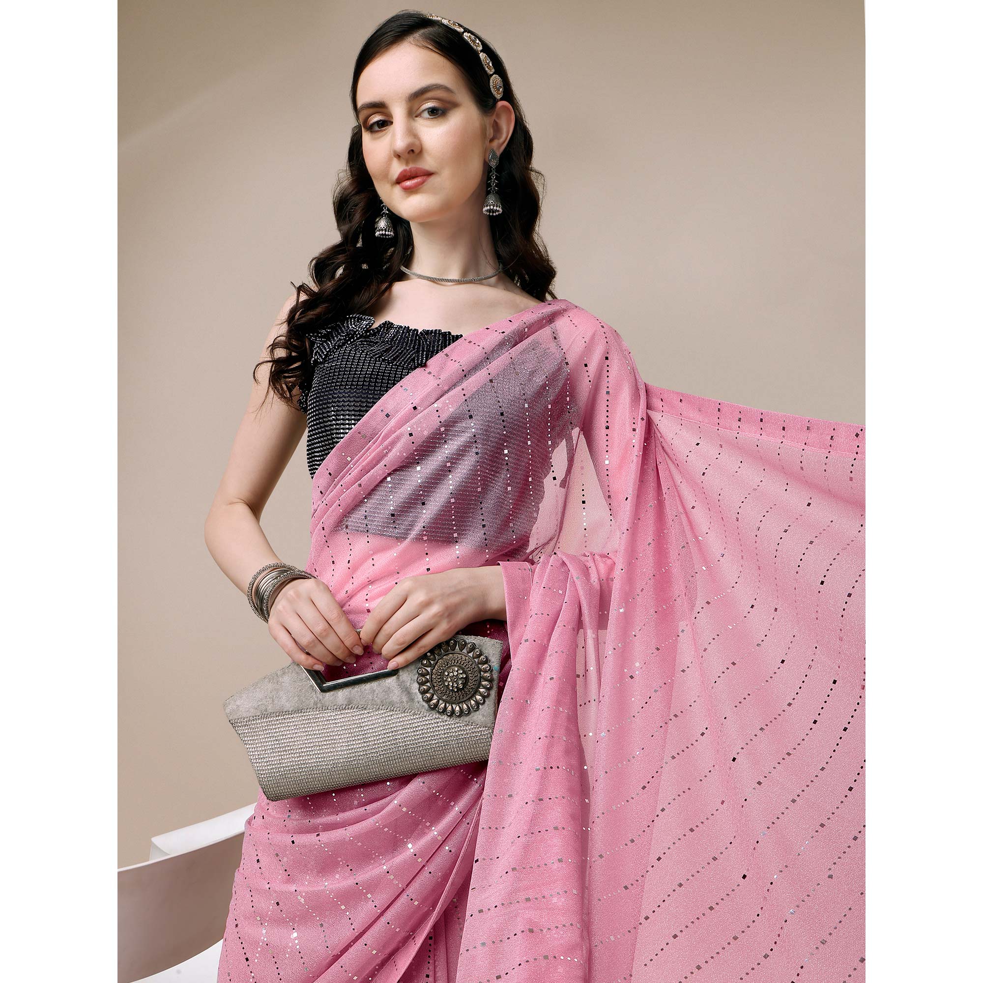 Onion Pink Striped Foil Printed Rayon Saree