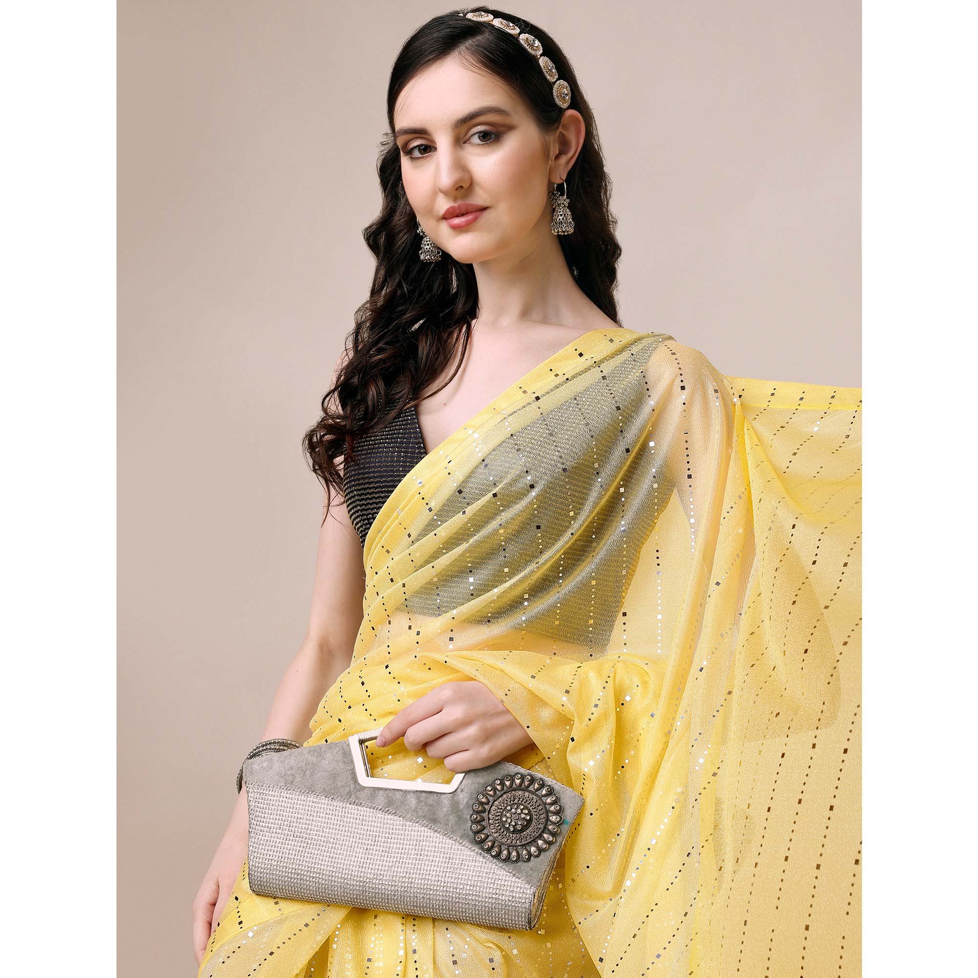 Yellow Striped Foil Printed Rayon Saree