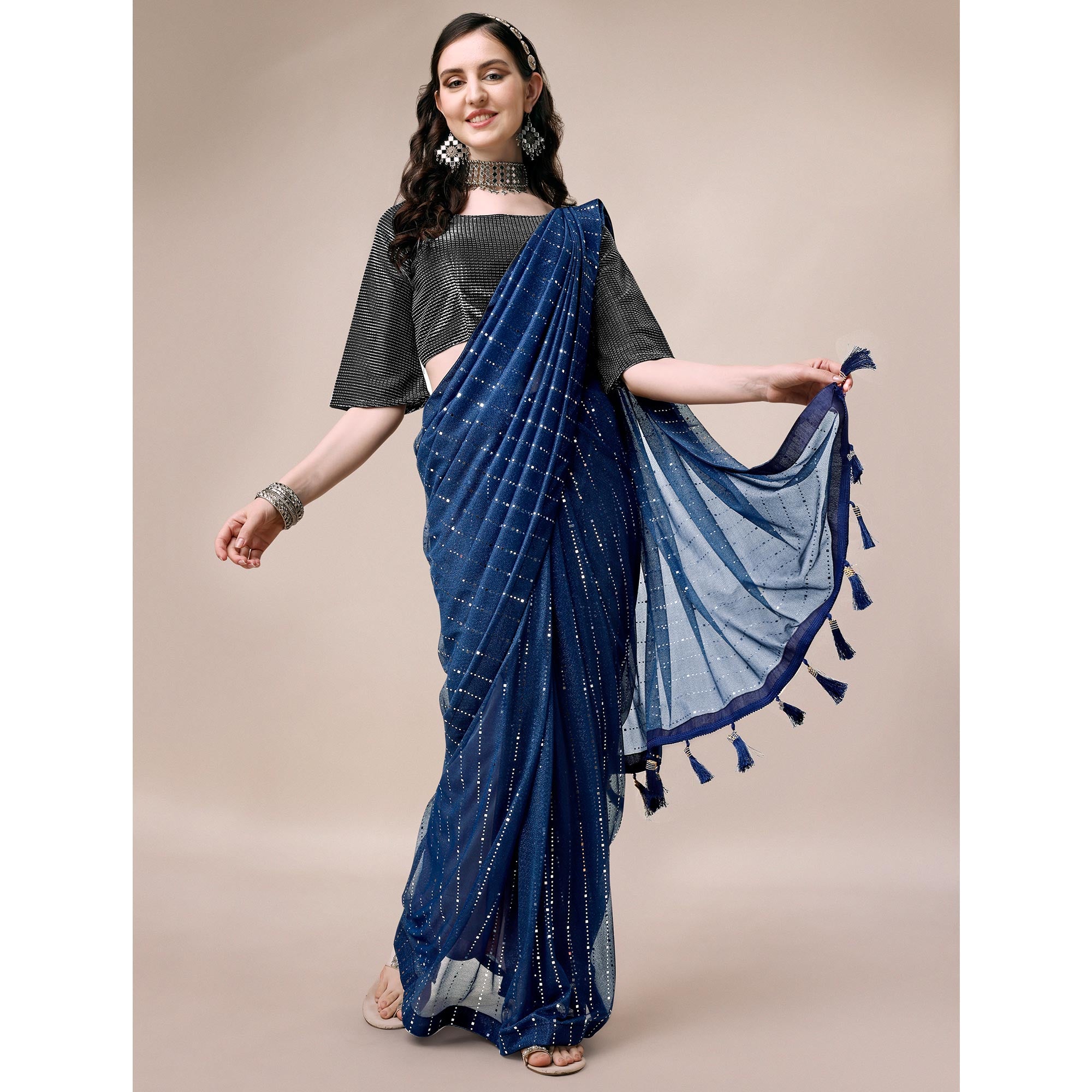 Blue Striped Foil Printed Rayon Saree