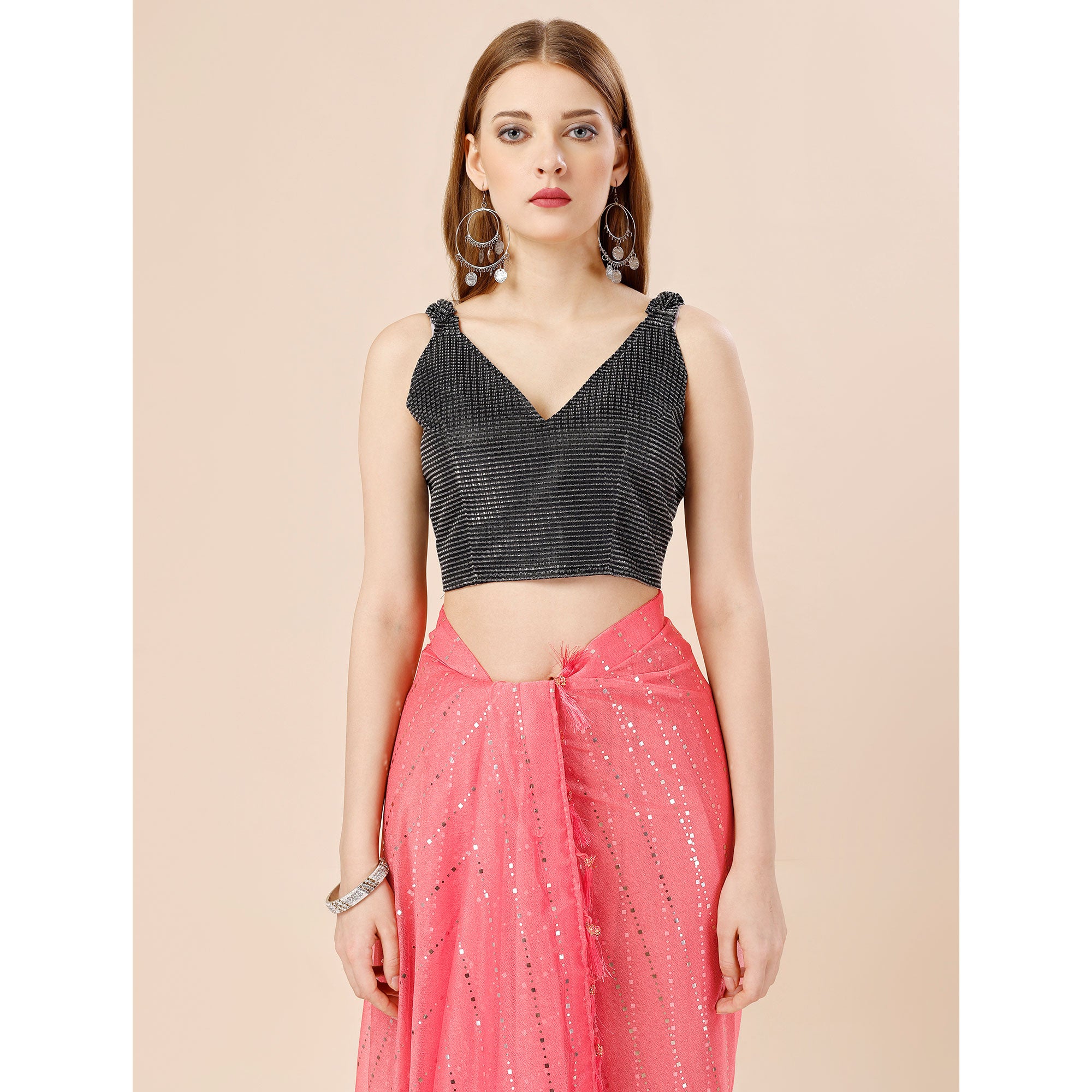 Pink Tikki Work Lycra Saree With Embroidered Border