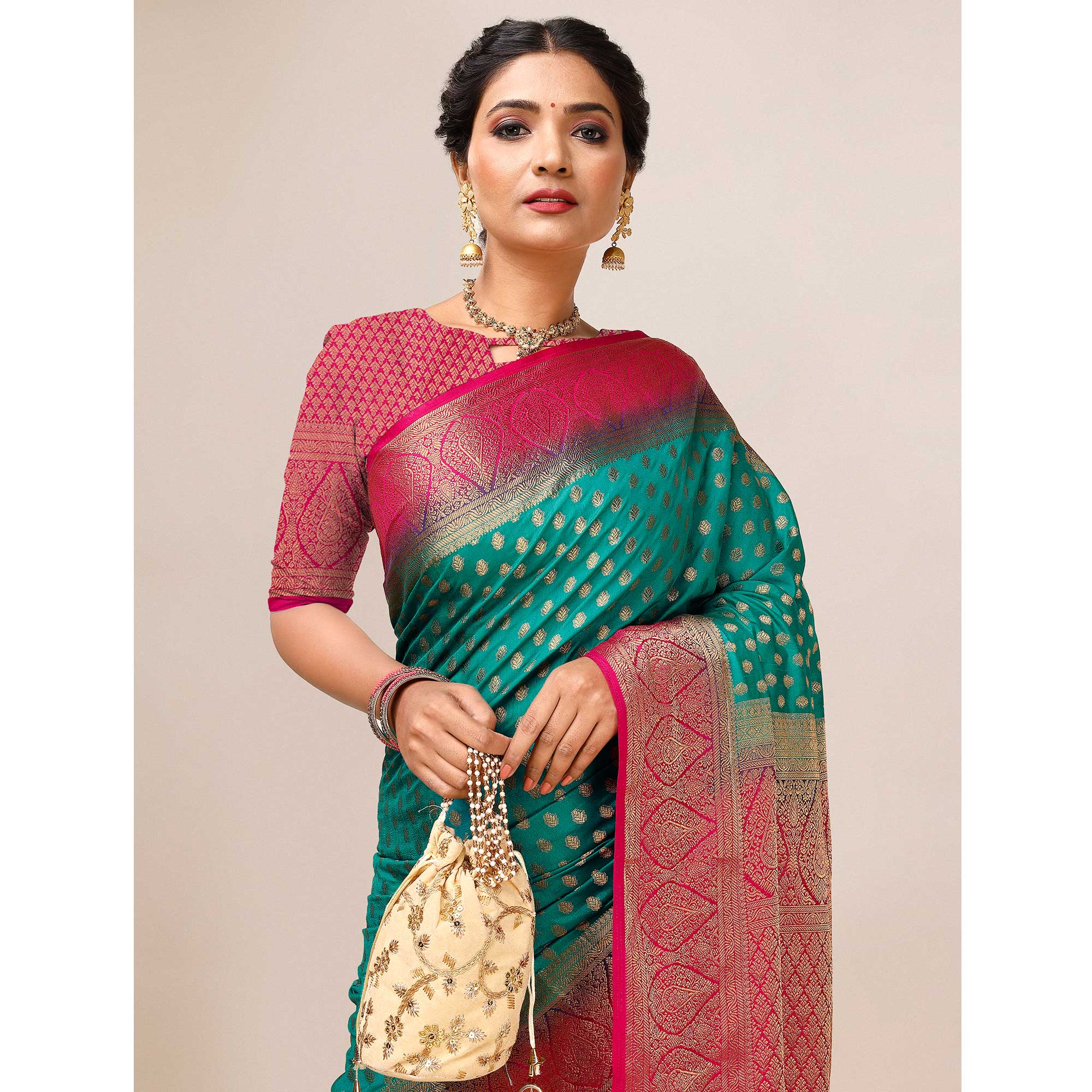 Rama Green Woven Dola Silk Saree With Tassels