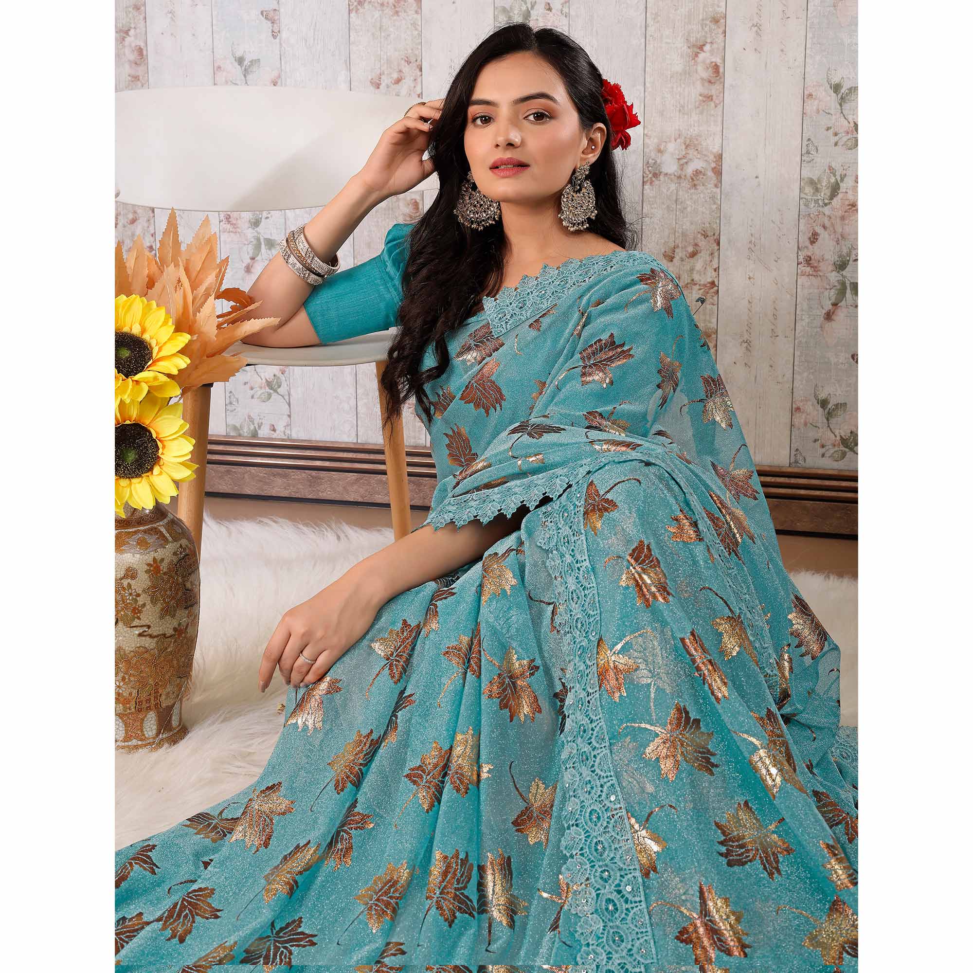 Blue Foil Printed Lycra Saree With Embroidered Lace Border