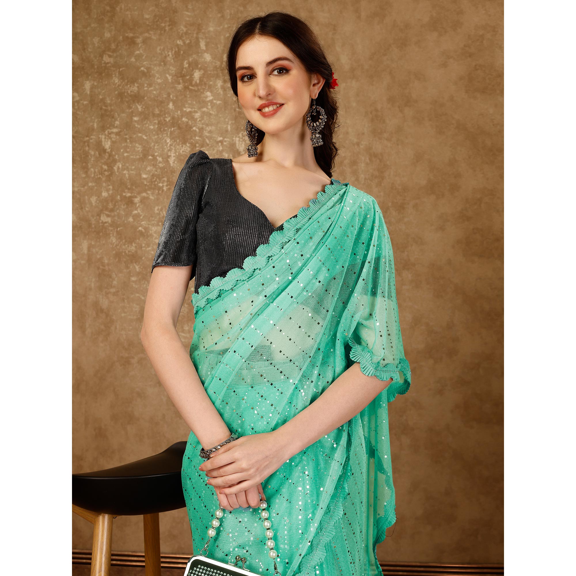 Sea Green Tikali With Swarovski Work Lycra Ready To Wear Saree