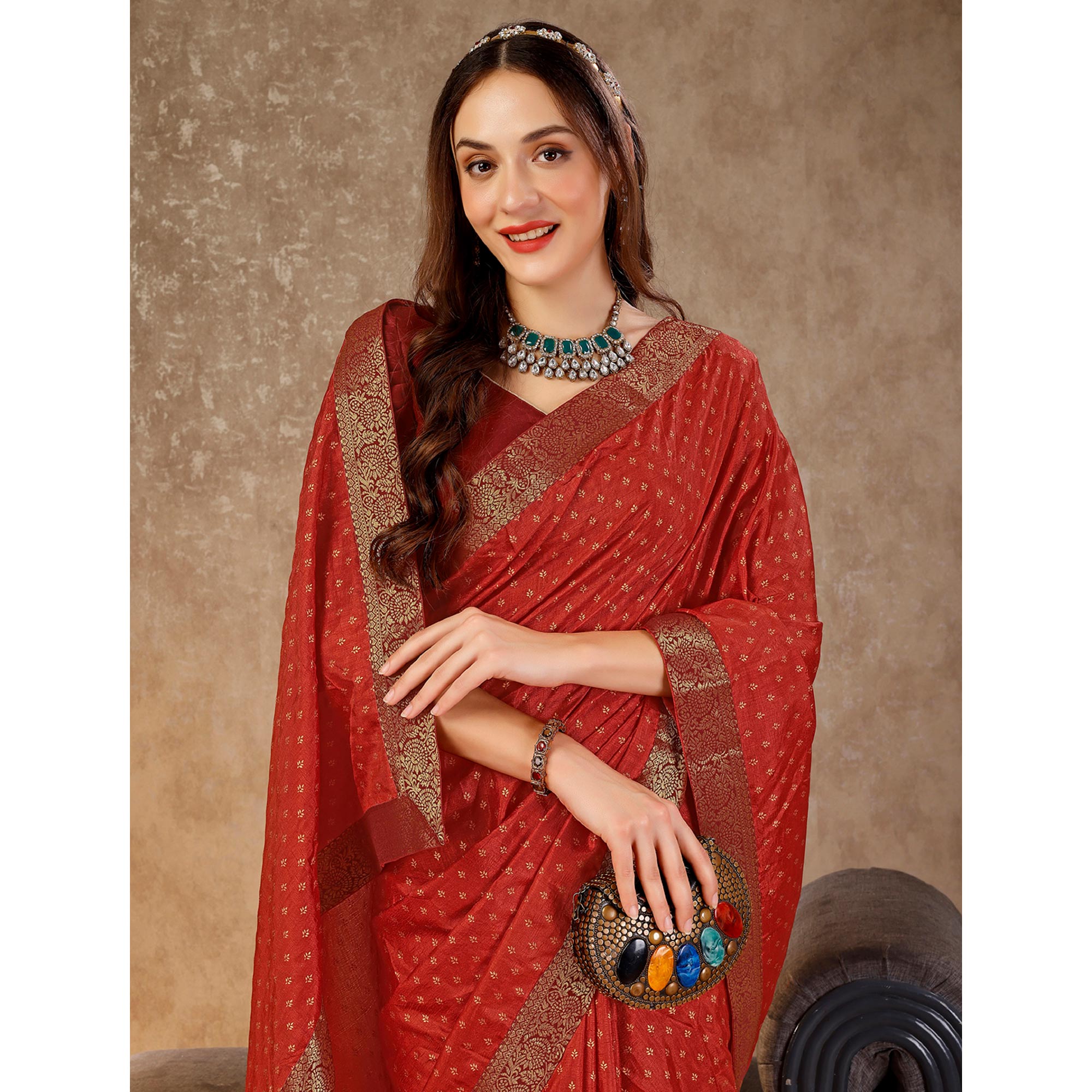 Rust Floral Foil Printed Vichitra Silk Saree With Lace Border