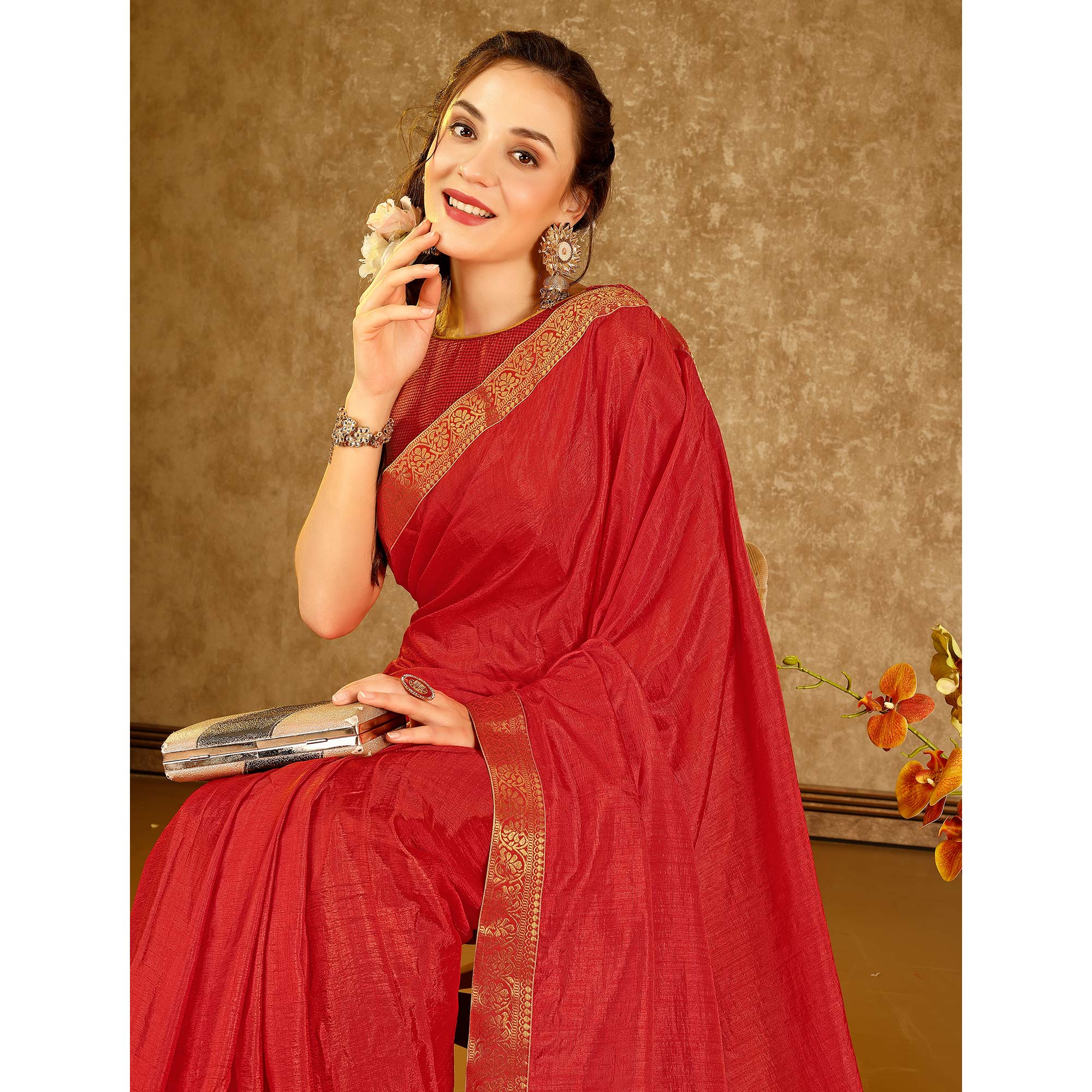 Red Floral Swarovski Work Vichitra Silk Saree With Lace Border