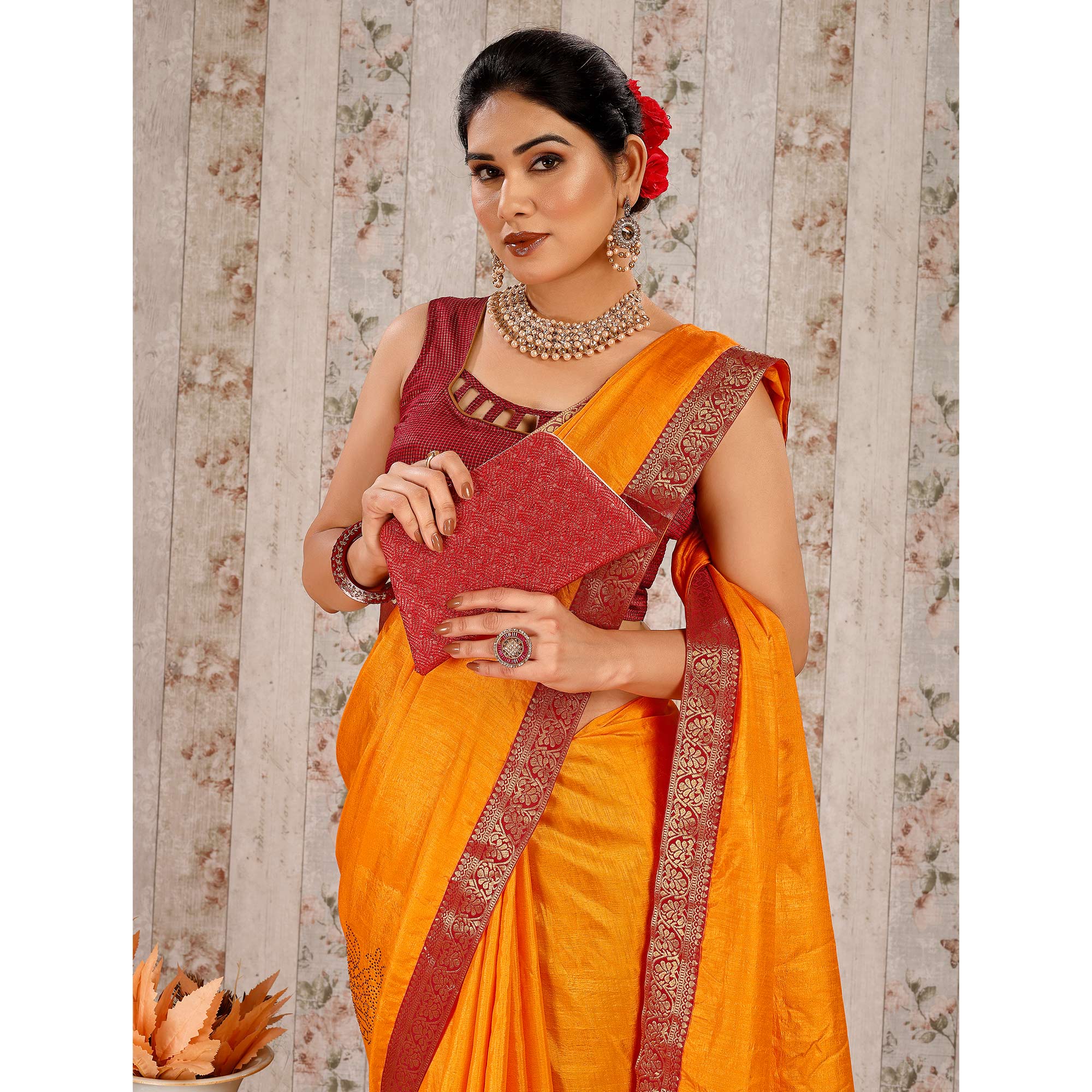 Yellow Floral Swarovski Work Vichitra Silk Saree With Lace Border