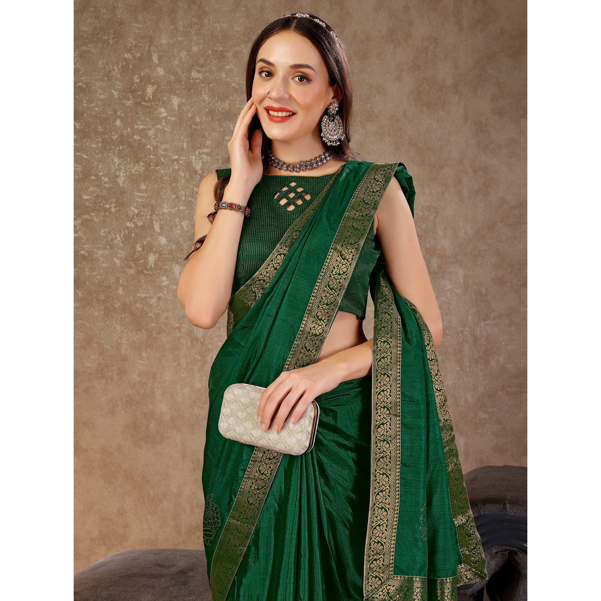 Green Floral Swarovski Work Vichitra Silk Saree With Lace Border