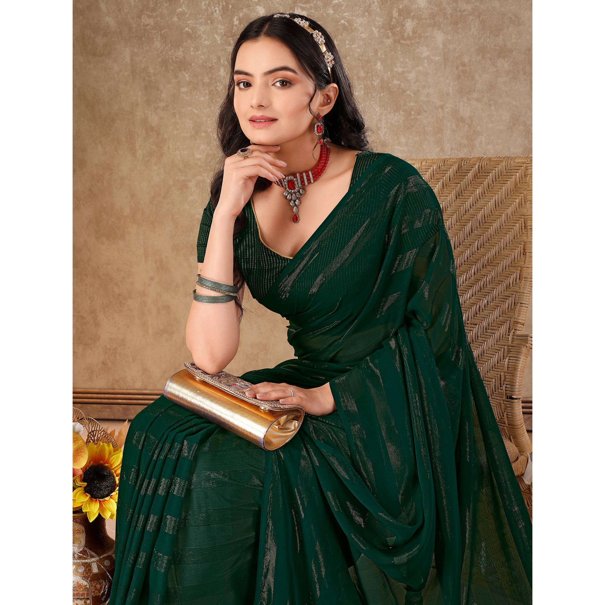 Green Swarovski Work Chiffon Saree With Tassels