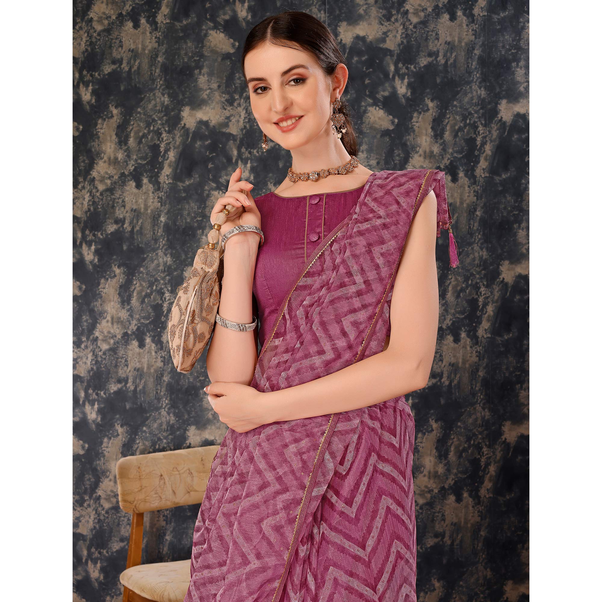 Purple Printed With Zari Work Cotton Silk Saree With Lace Border