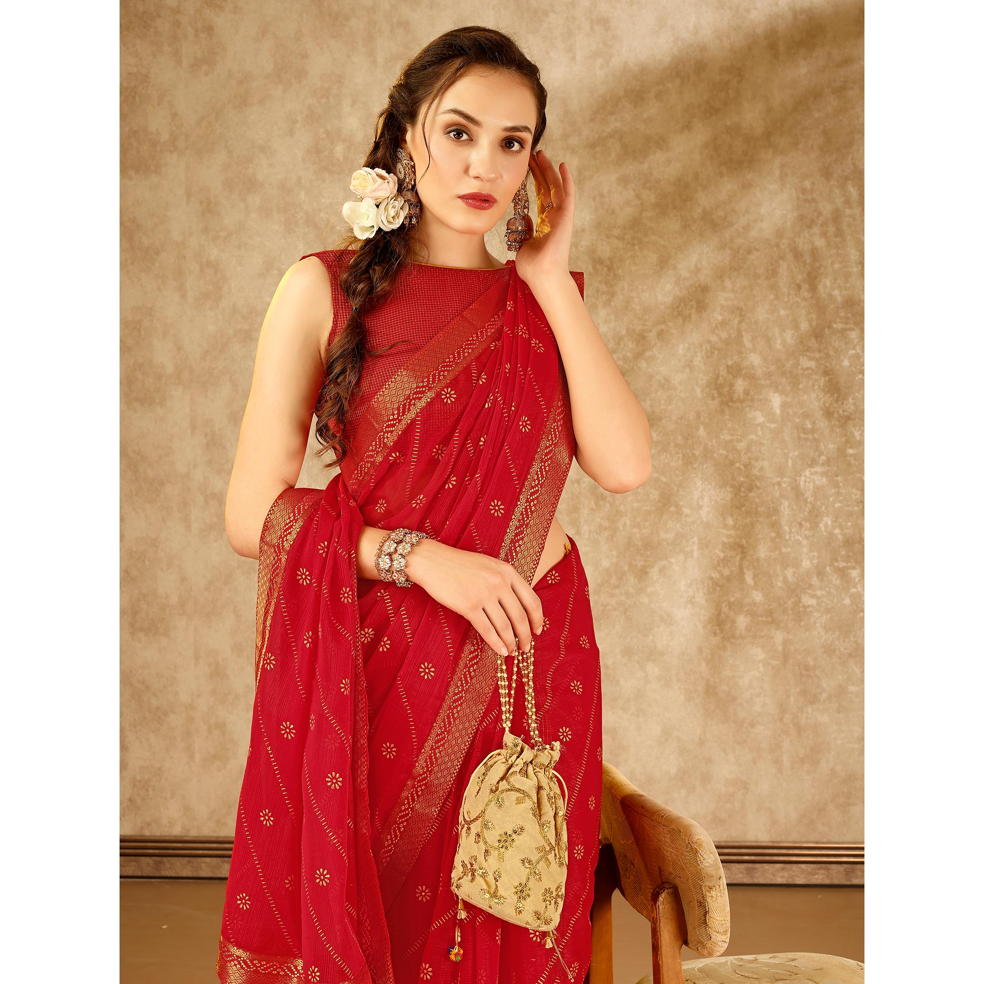 Red Floral Foil Printed Chiffon Saree With Lace Border