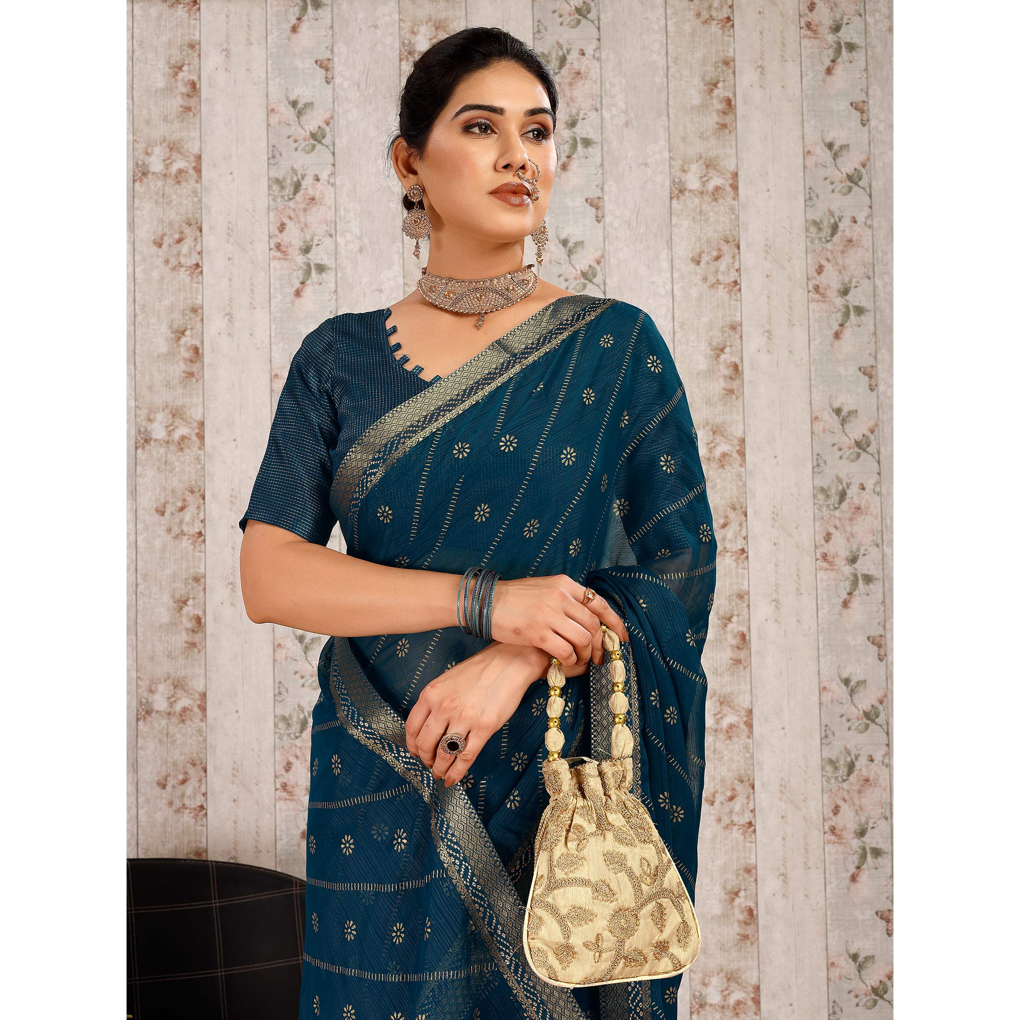 Blue Floral Foil Printed Chiffon Saree With Lace Border
