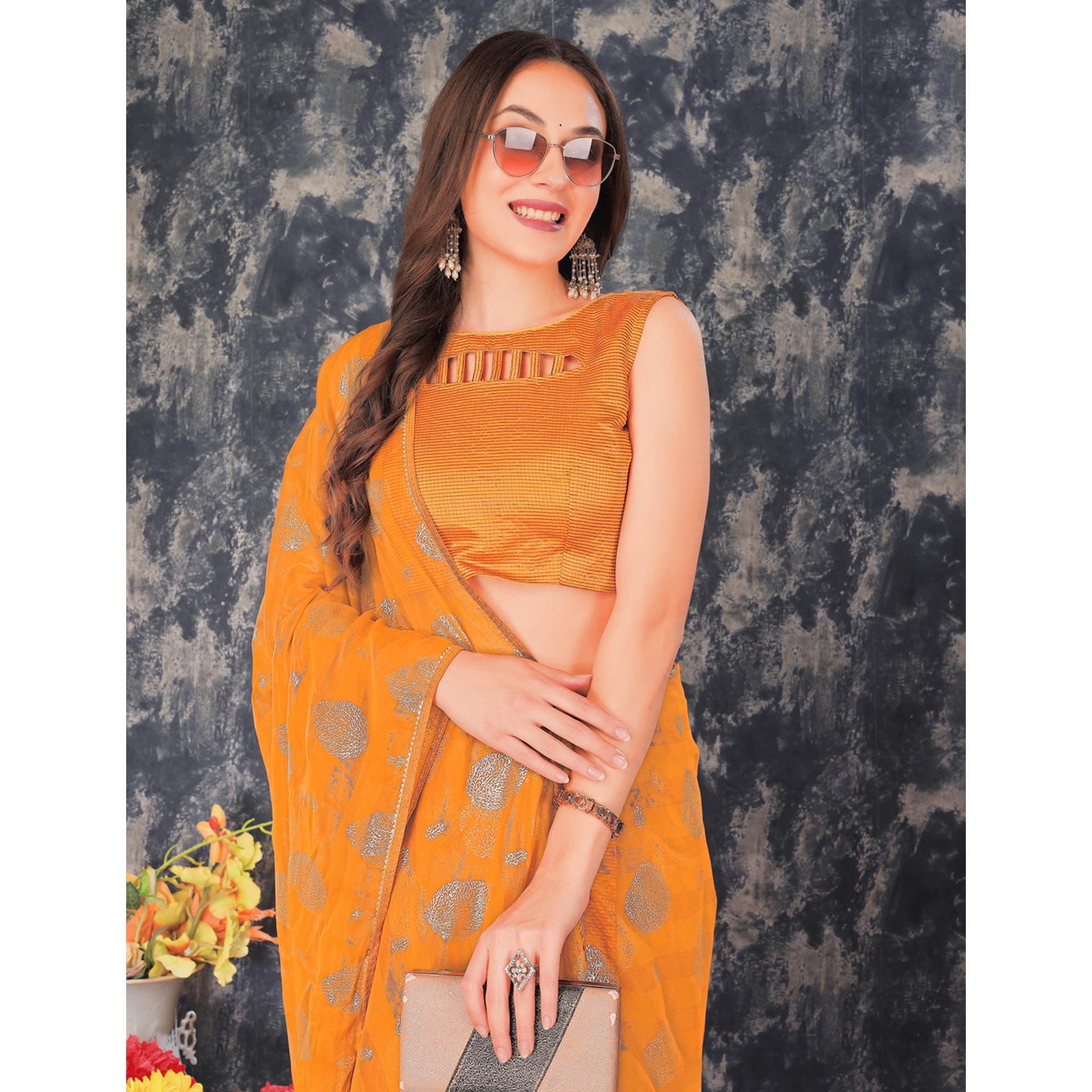 Mustard Foil Printed Chiffon Saree With Gota Patti Lace Border