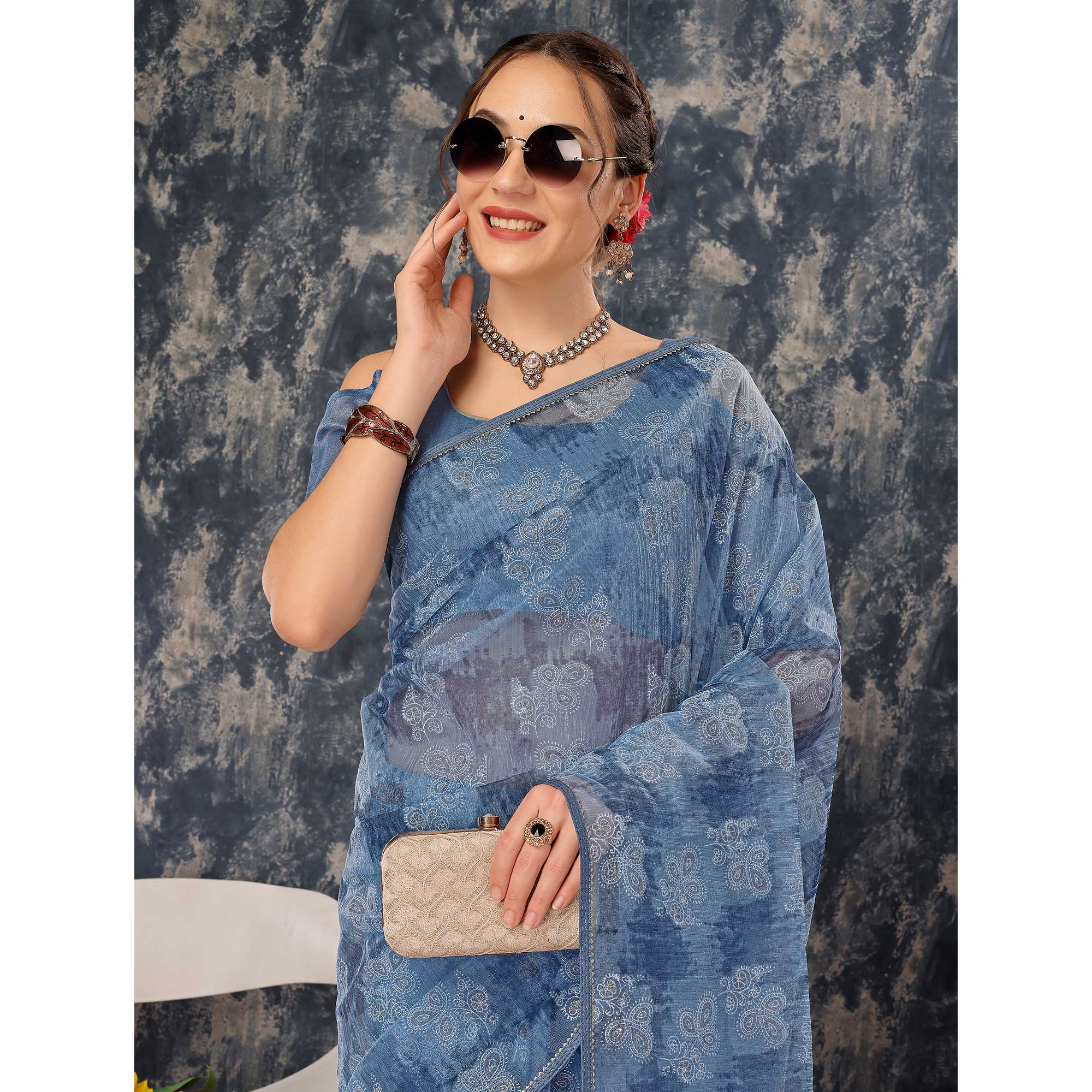 Blue Floral Printed With Zari Work Cotton Silk Saree