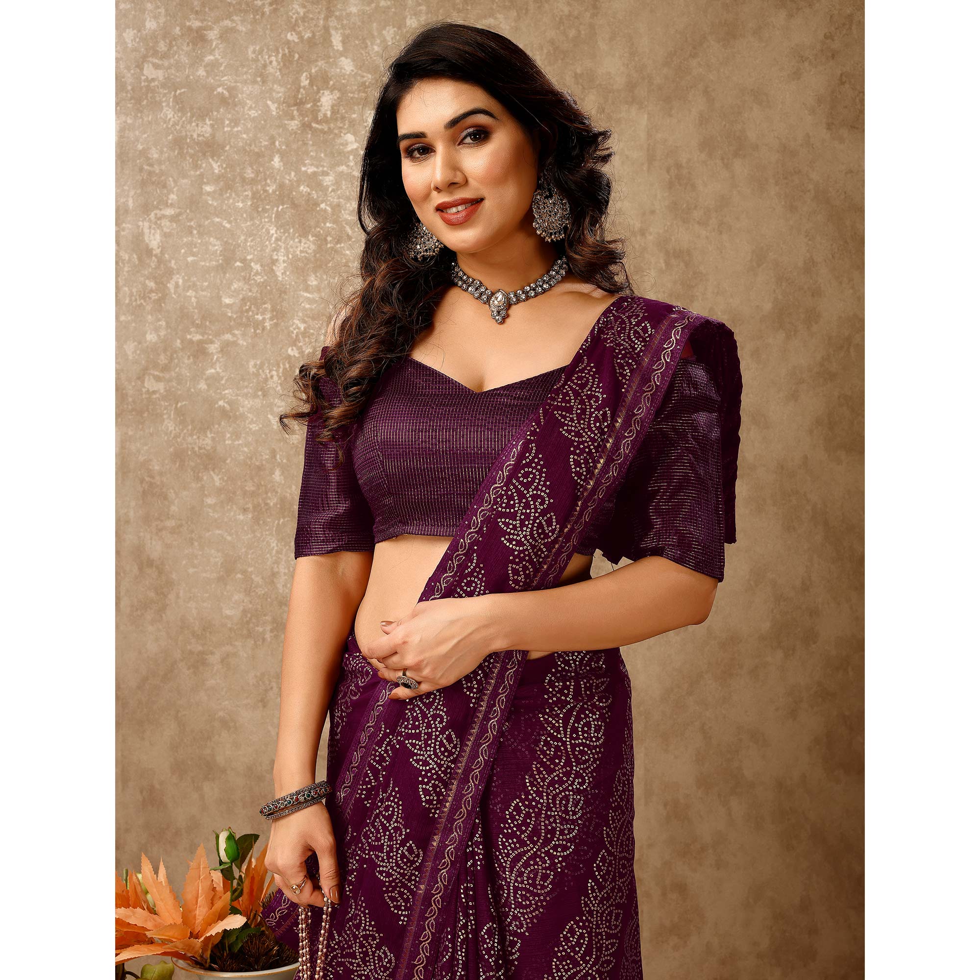 Purple Bandhani Foil Printed Chiffon Saree With Lace Border