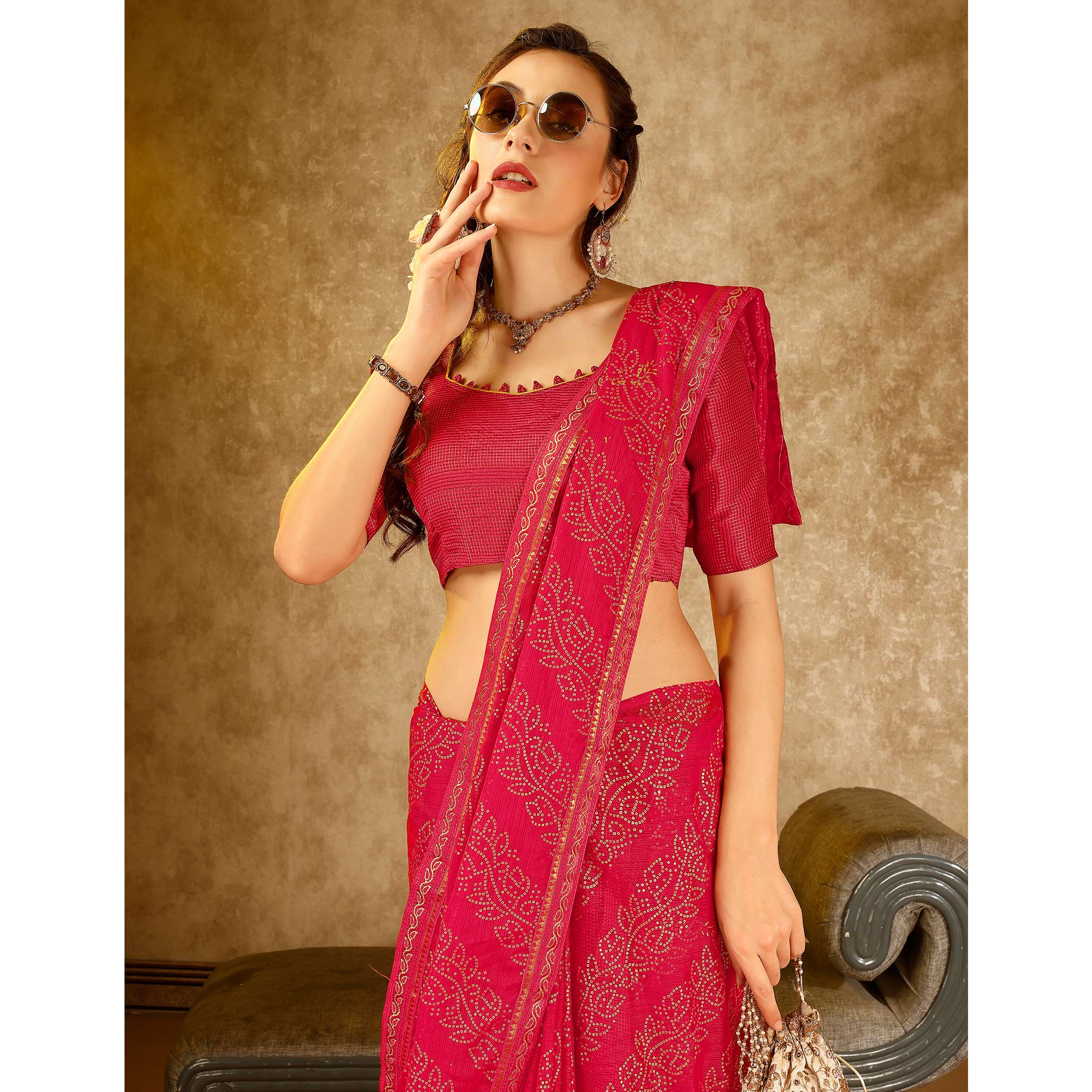 Pink Bandhani Foil Printed Chiffon Saree With Lace Border