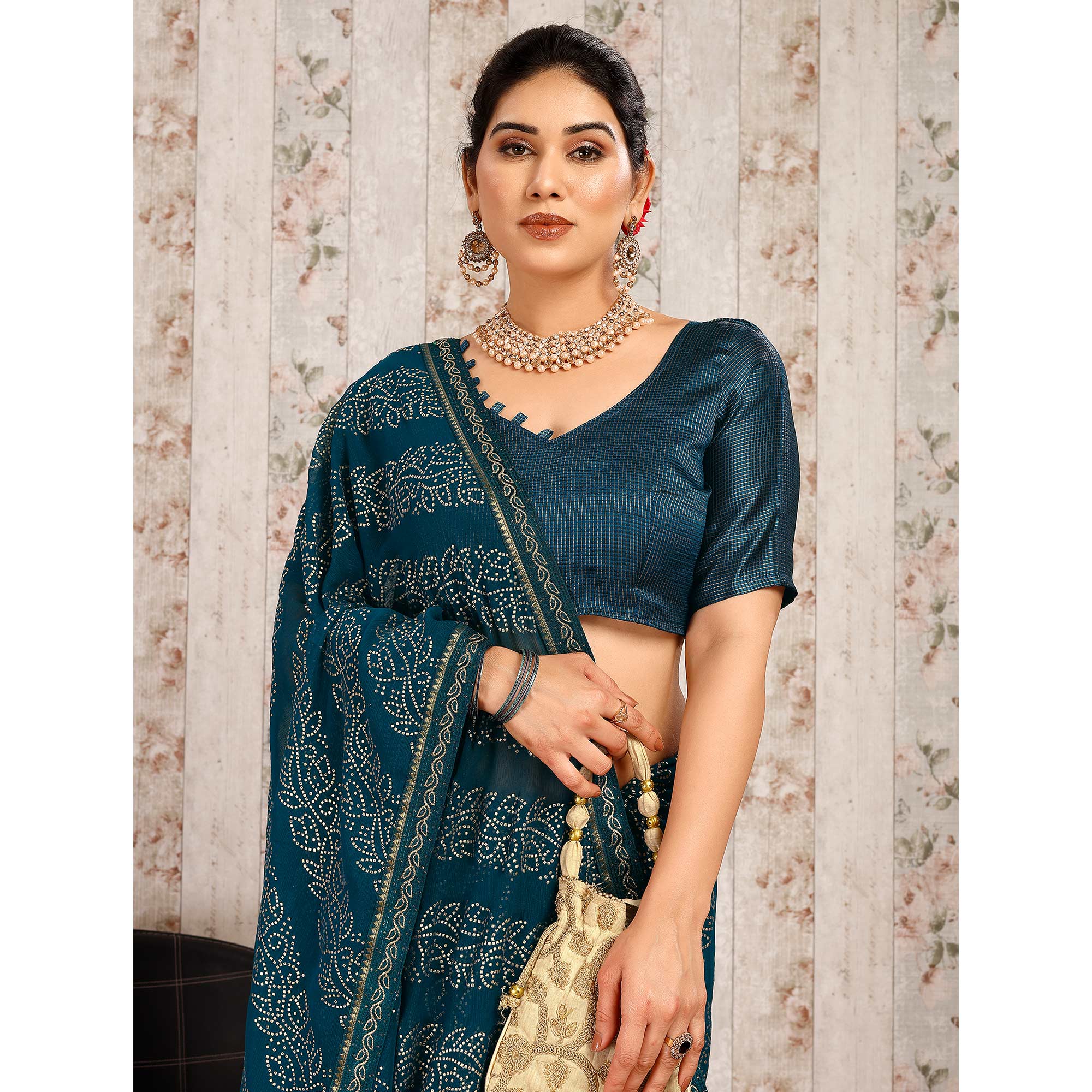 Blue Bandhani Foil Printed Chiffon Saree With Lace Border
