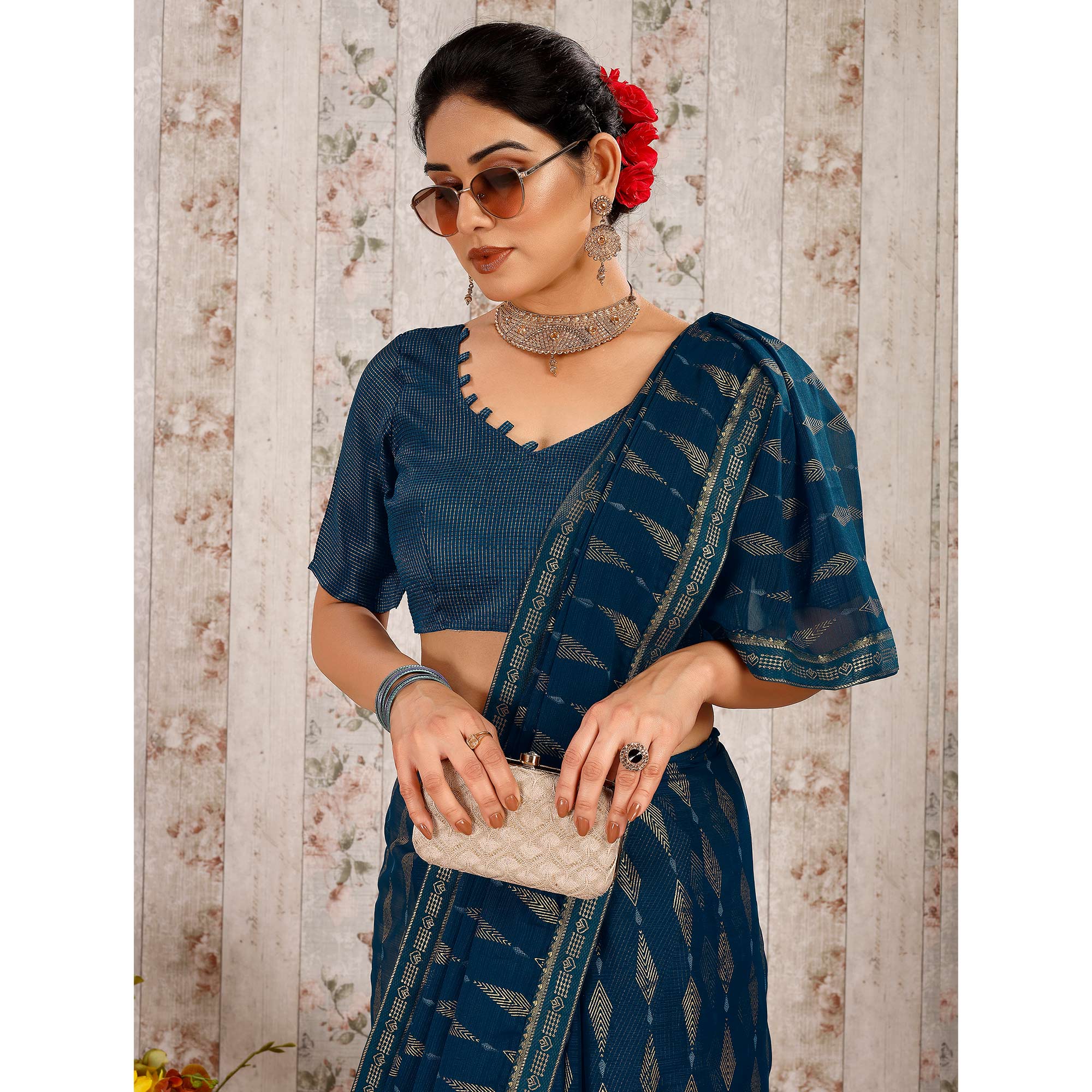 Blue Foil Printed Chiffon Saree With Lace Border