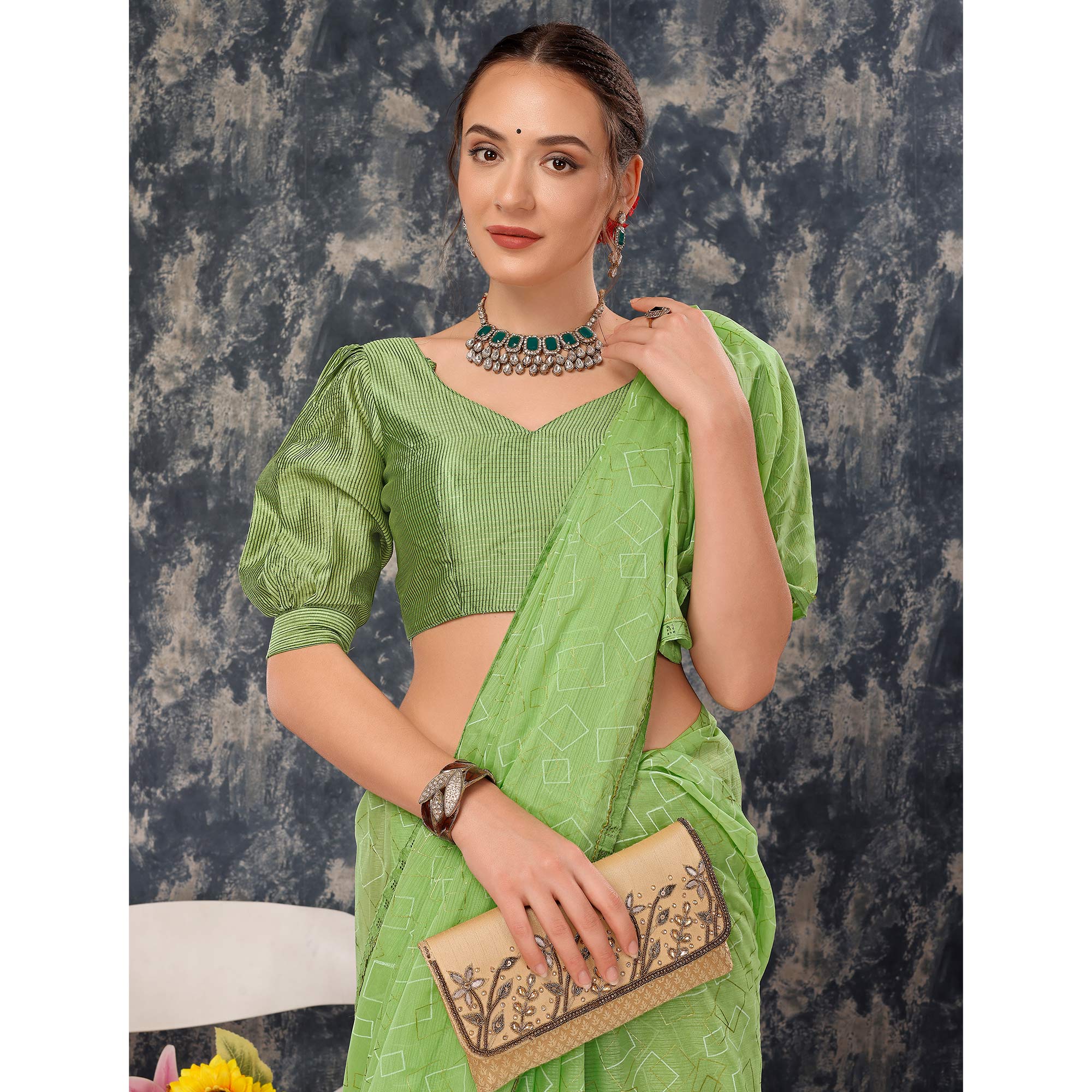 Green Printed With Zari Work Chiffon Saree With Lace Border