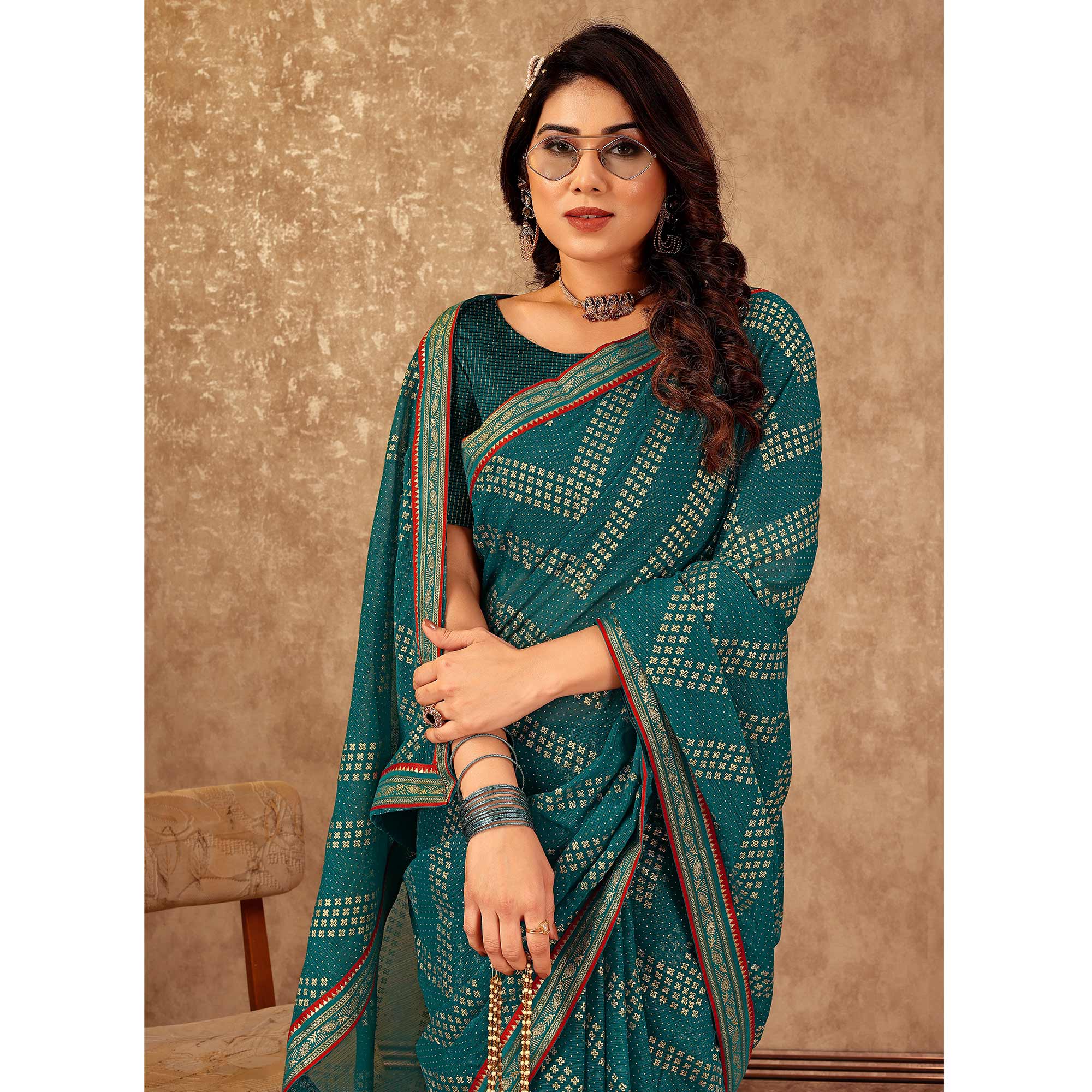 Teal Foil Printed Chiffon Saree With Lace Border