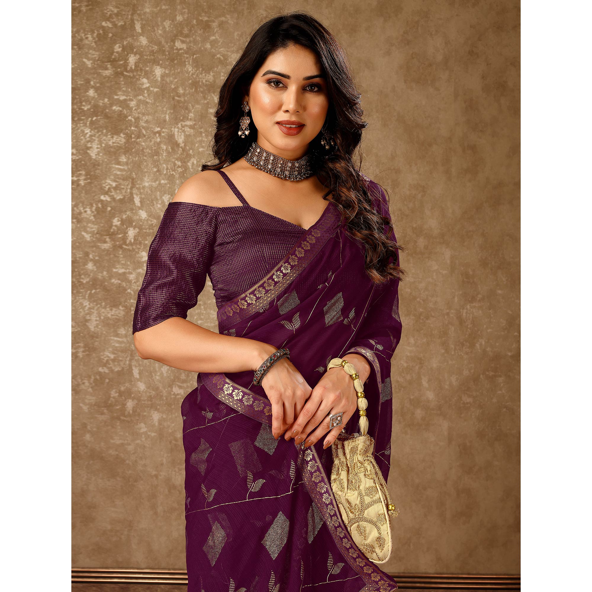 Purple Floral Foil Printed Chiffon Saree With Lace Border