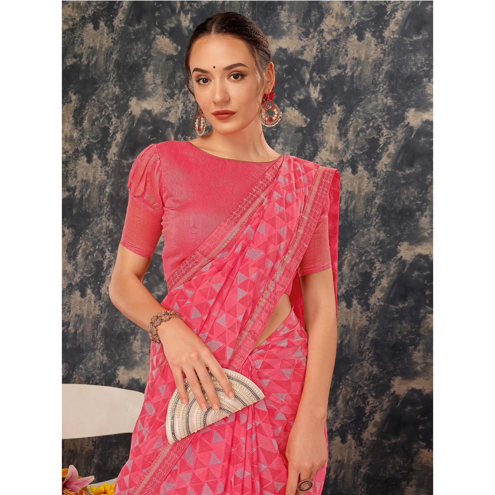 Pink Geometric Printed Chiffon Saree With Lace Border