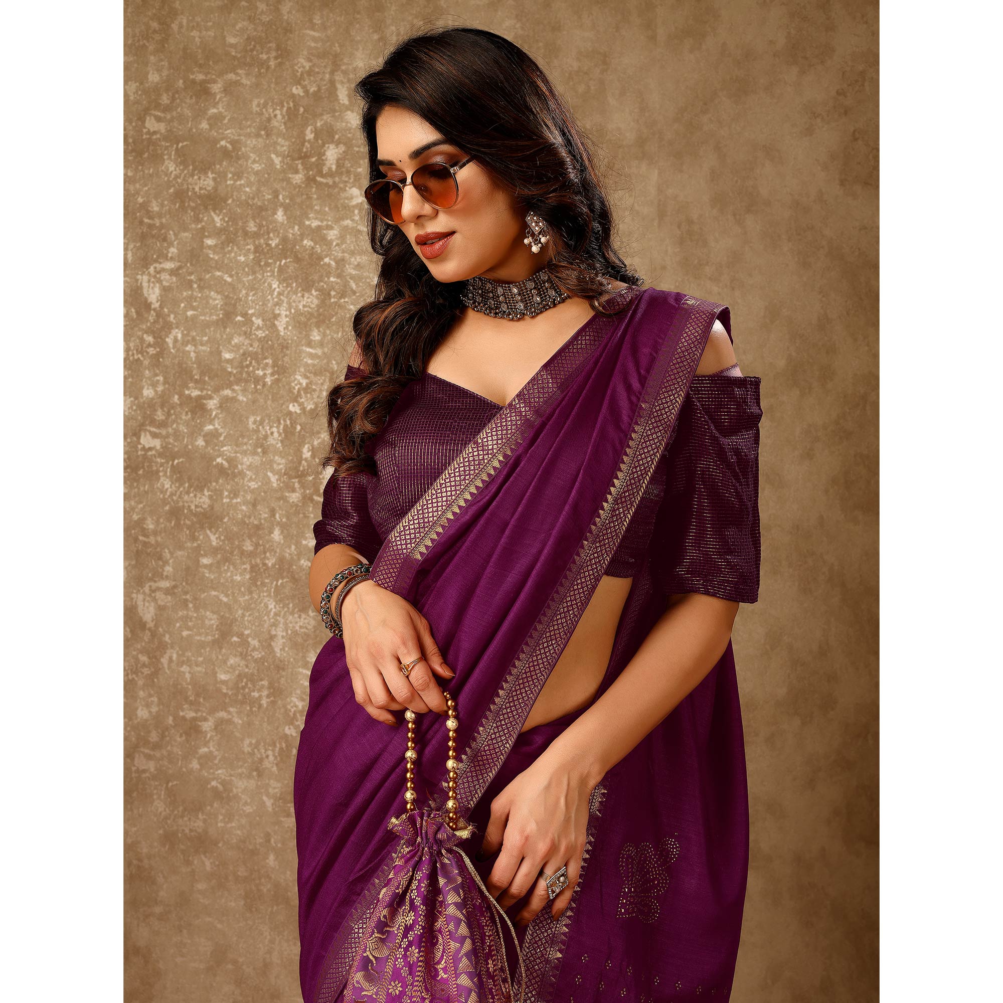 Purple Swarovski Work Vichitra Silk Saree With Lace Border