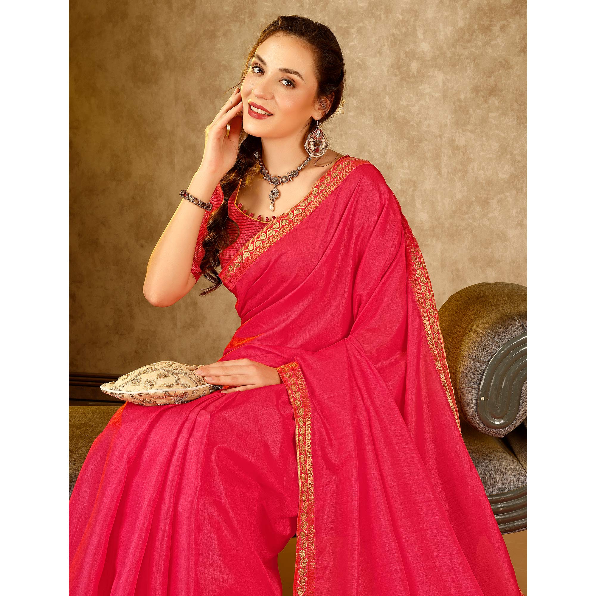 Pink Swarovski Work Vichitra Silk Saree With Lace Border