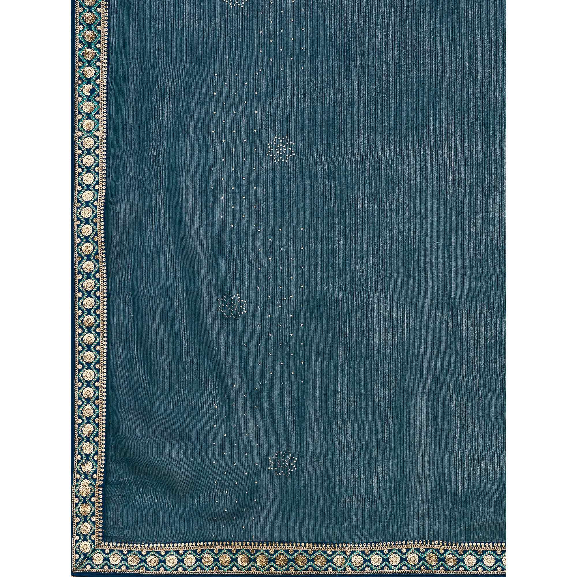 Teal Blue Swarovski With Sequins Embroidered Chiffon Saree