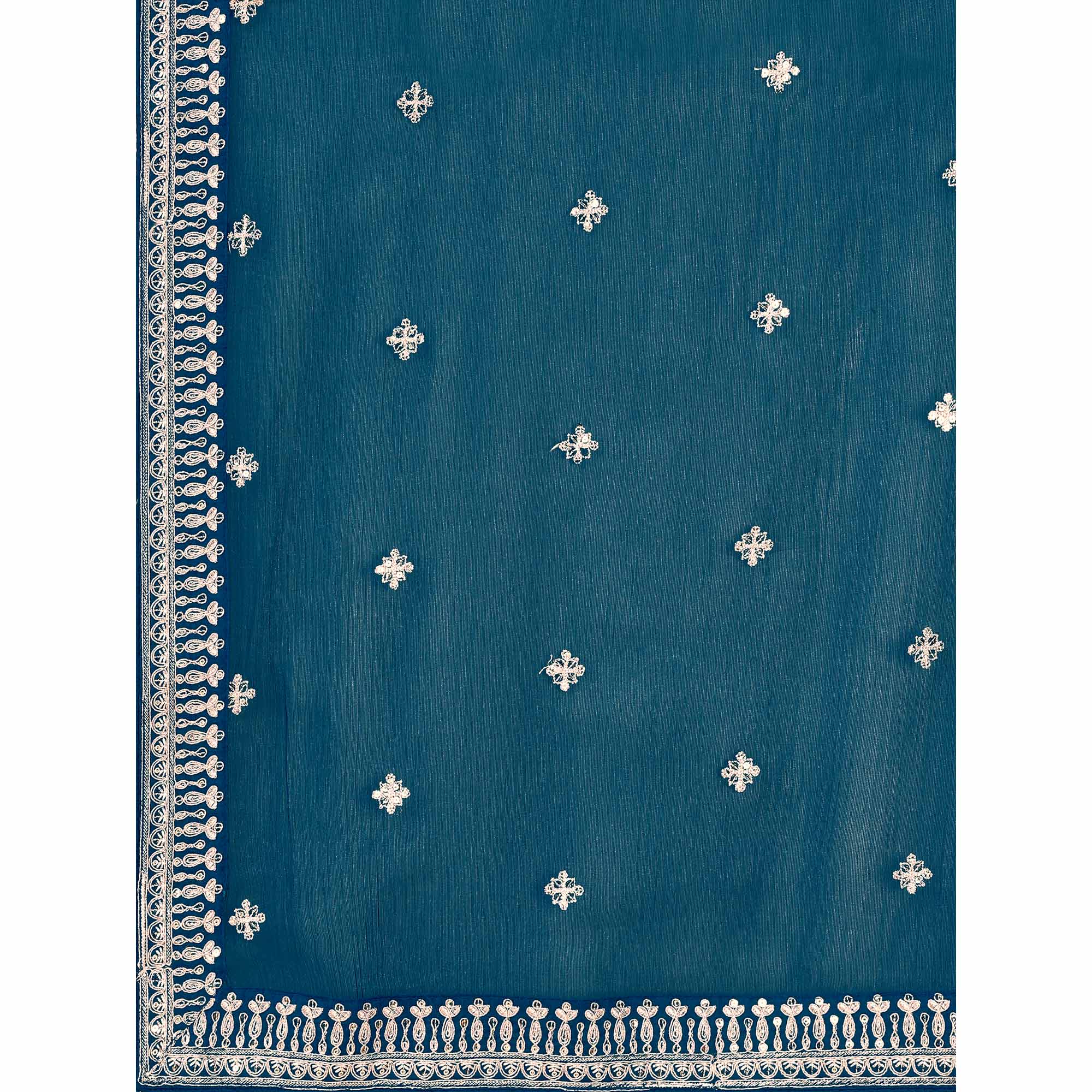 Teal Blue Sequins Embroidered Chiffon Saree