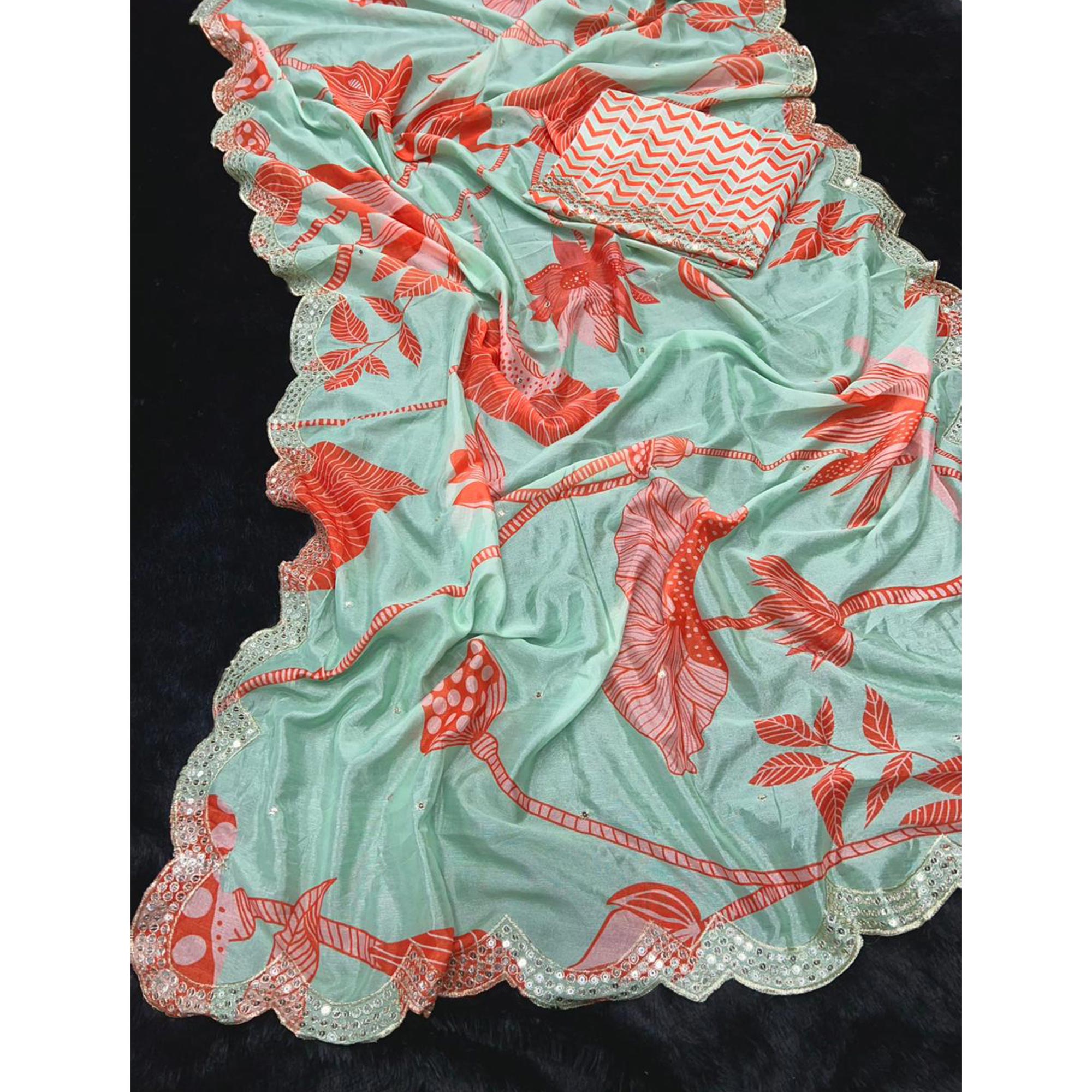 Turquoise & Orange Sequin Embroidered Vichitra Silk Saree